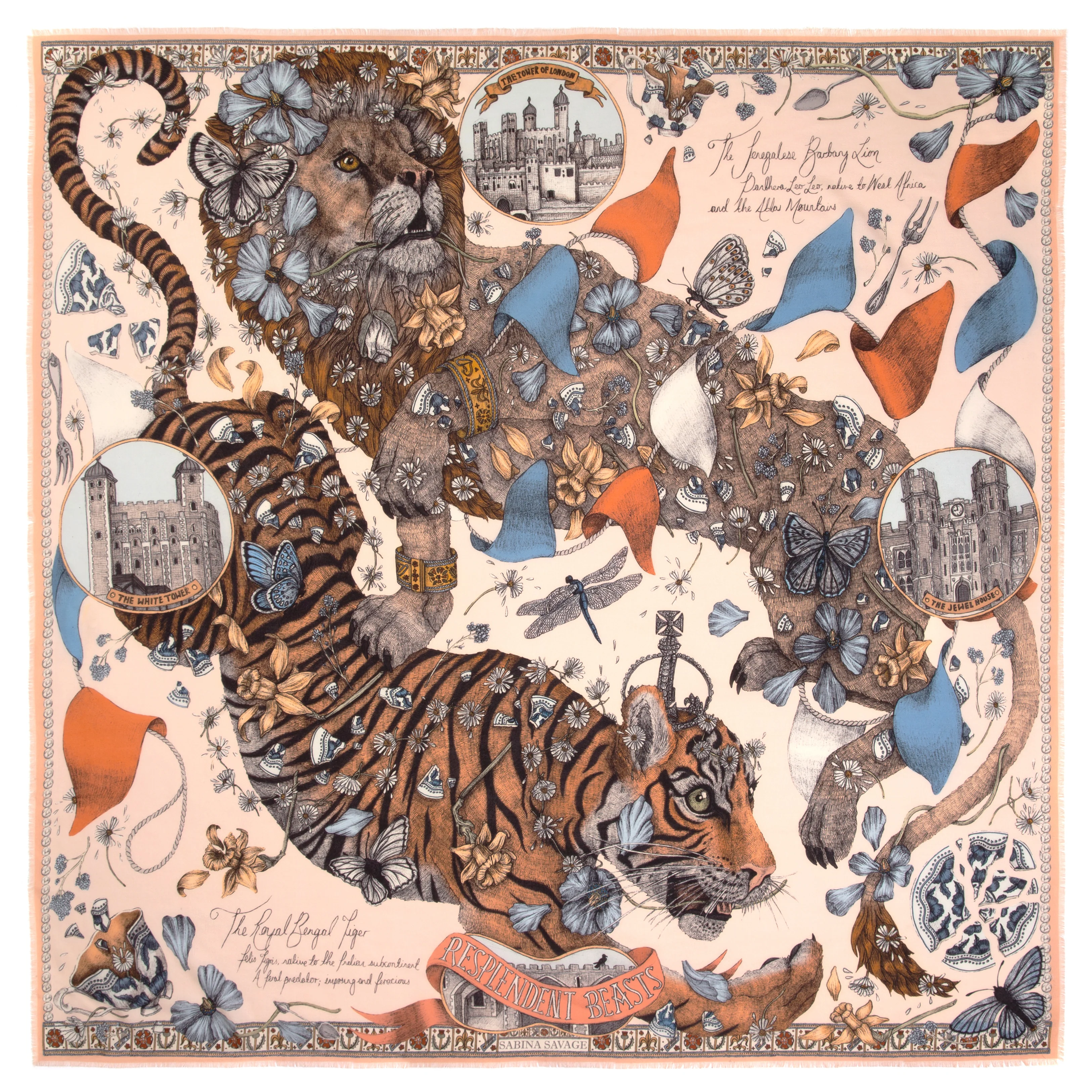 lion and tiger wool silk scarf - peony - Image 5
