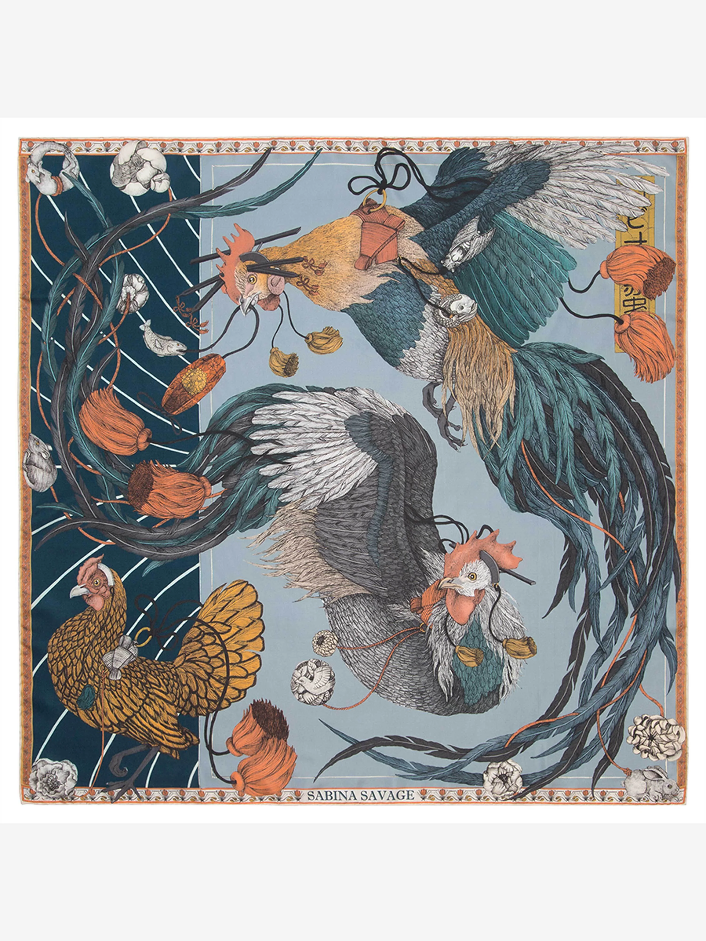 rooster's dance 90cm silk twill scarf - denim/chambray - Image 2