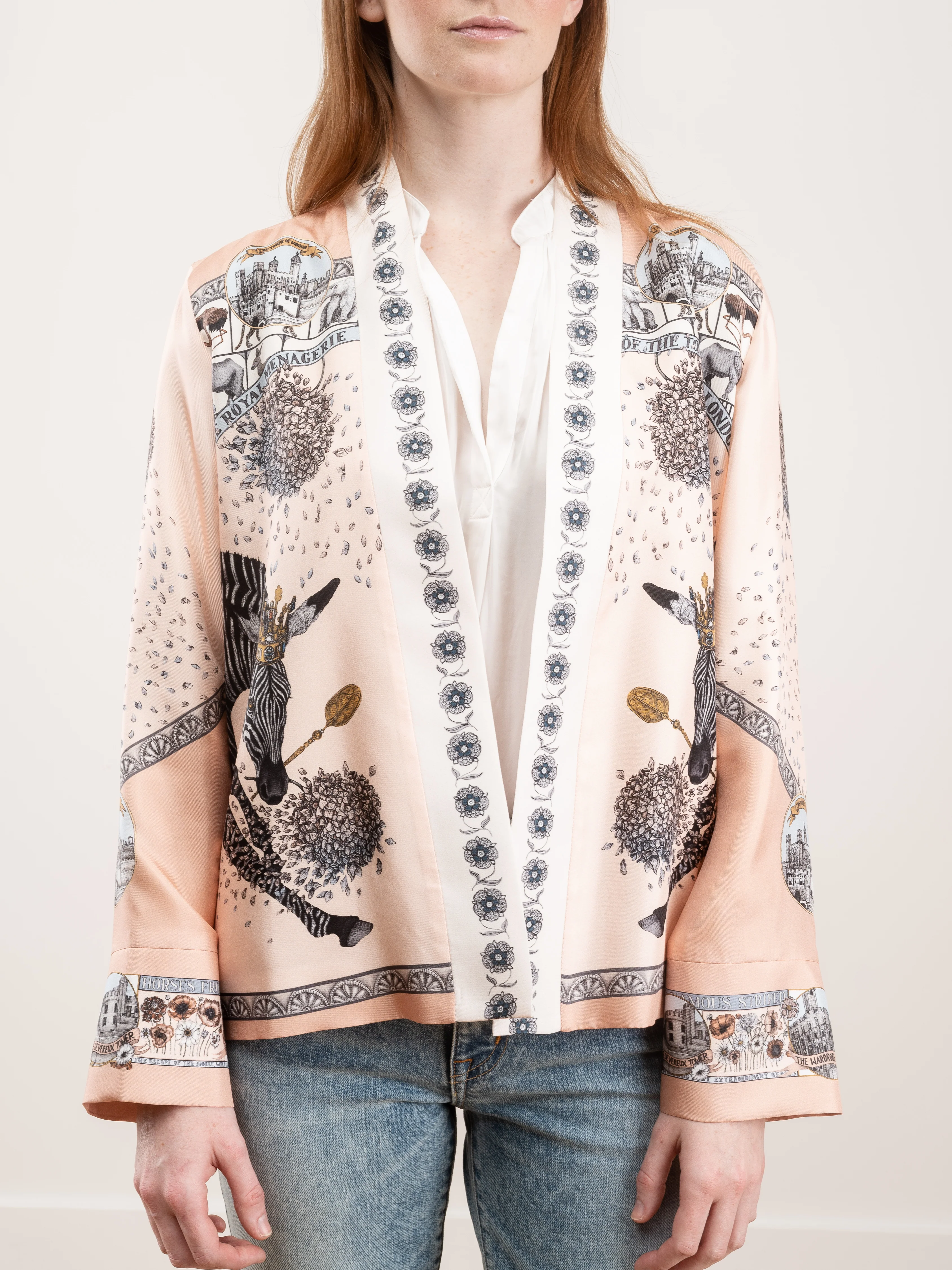 royal striped horses short silk jacket - pastel pearl - Image 2
