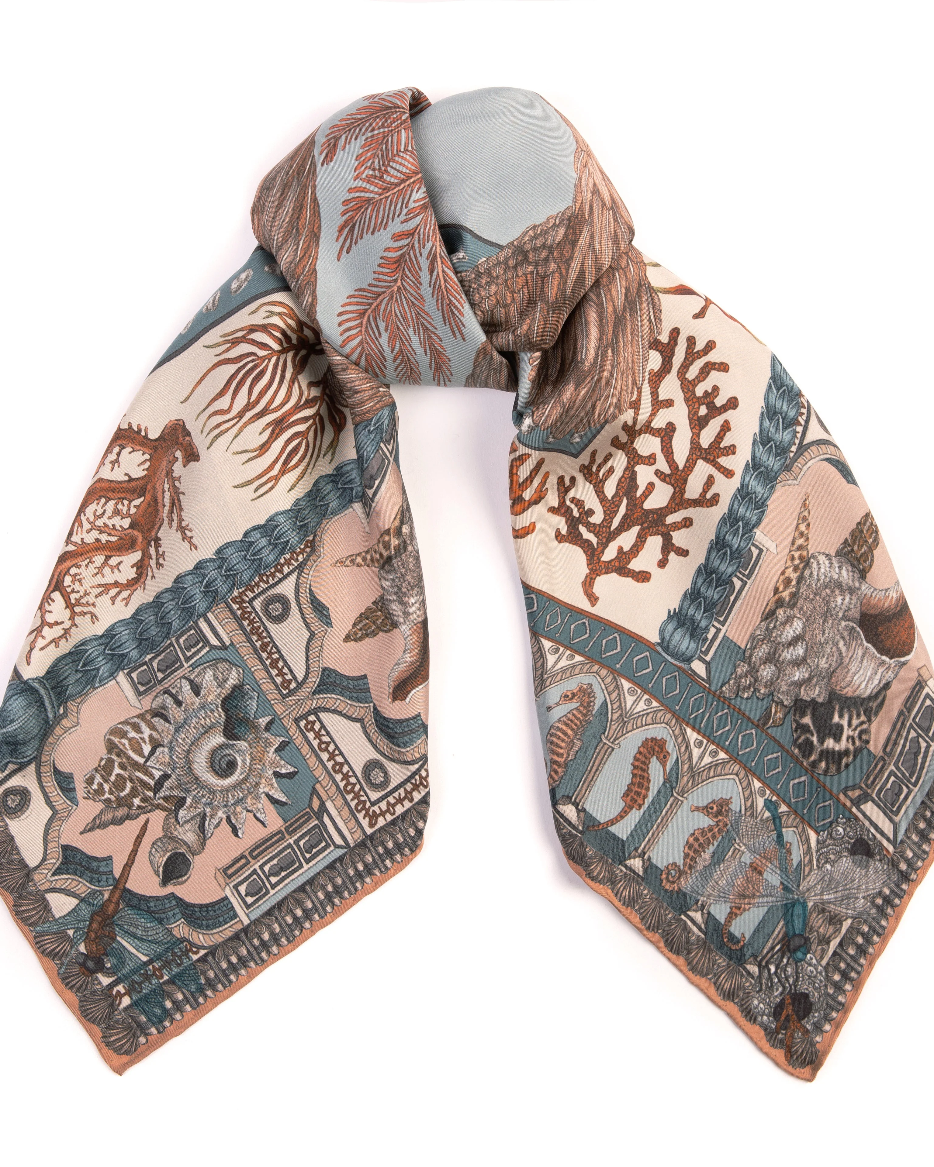 silk square scarf the pelicans and the sea - coral salt