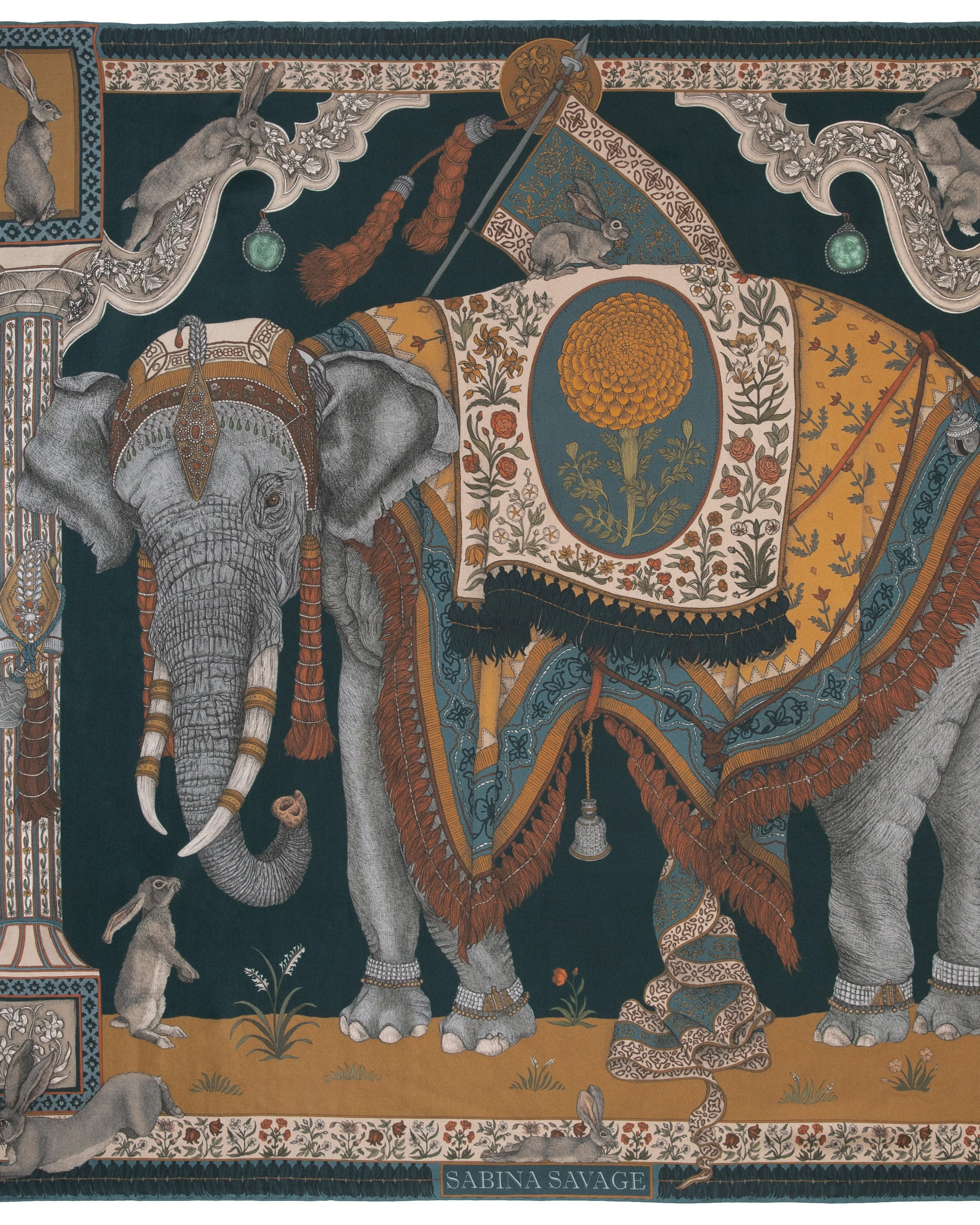 silk square scarf the rabbits and the elephant - midnight honey - Image 2