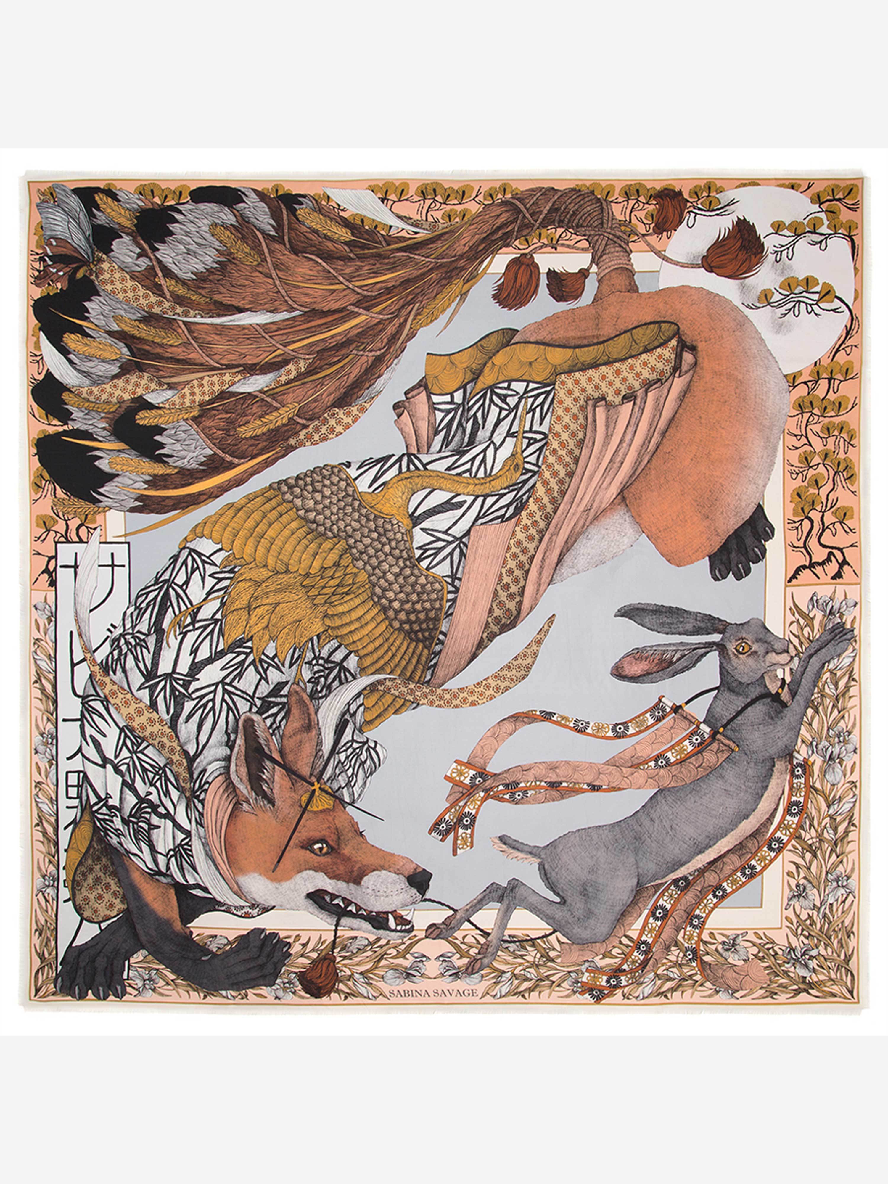 cunning kitsune silk twill scarf - silver/salmon - Image 2