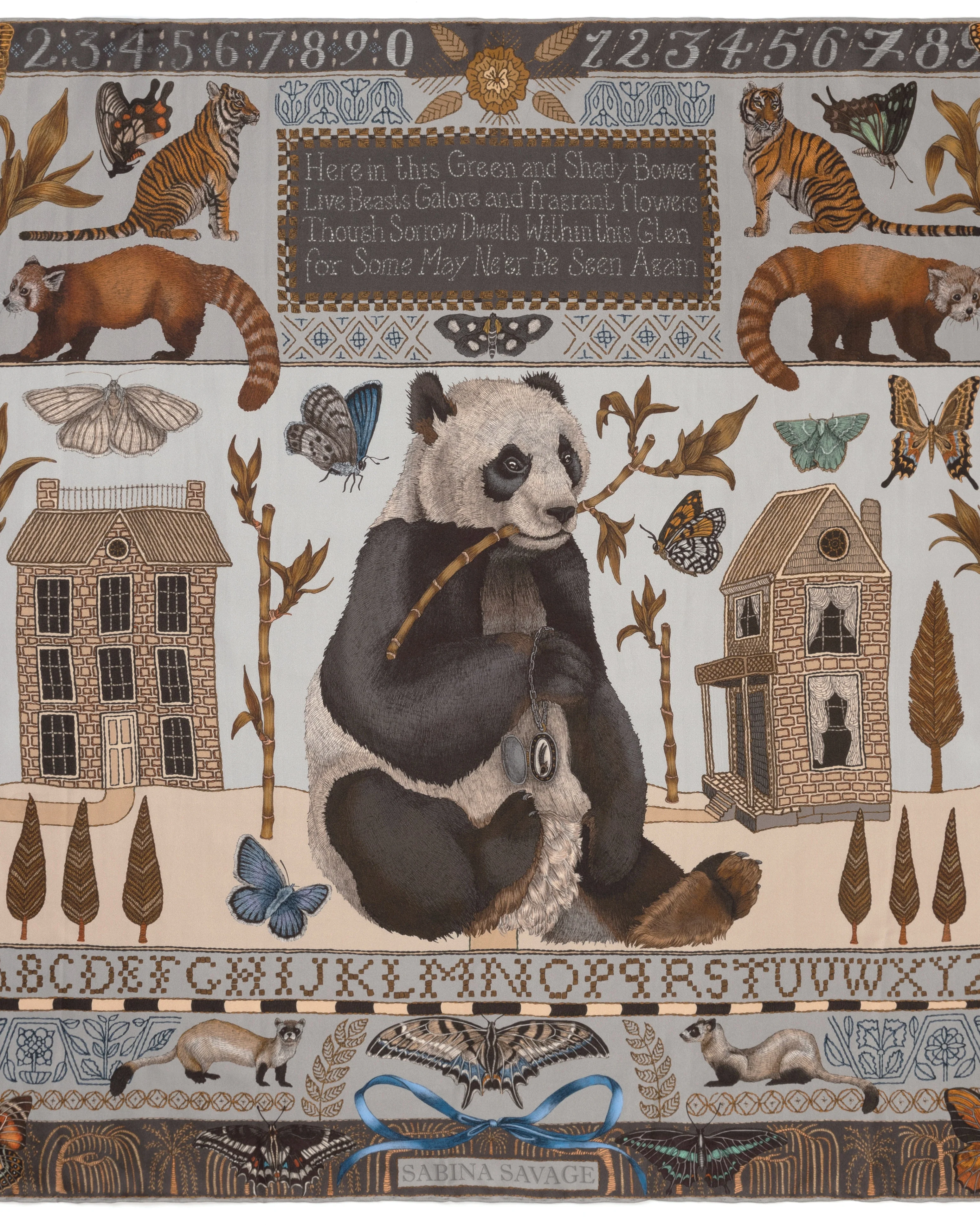 the butterfly panda silk twill square scarf - silver/smoke - Image 2