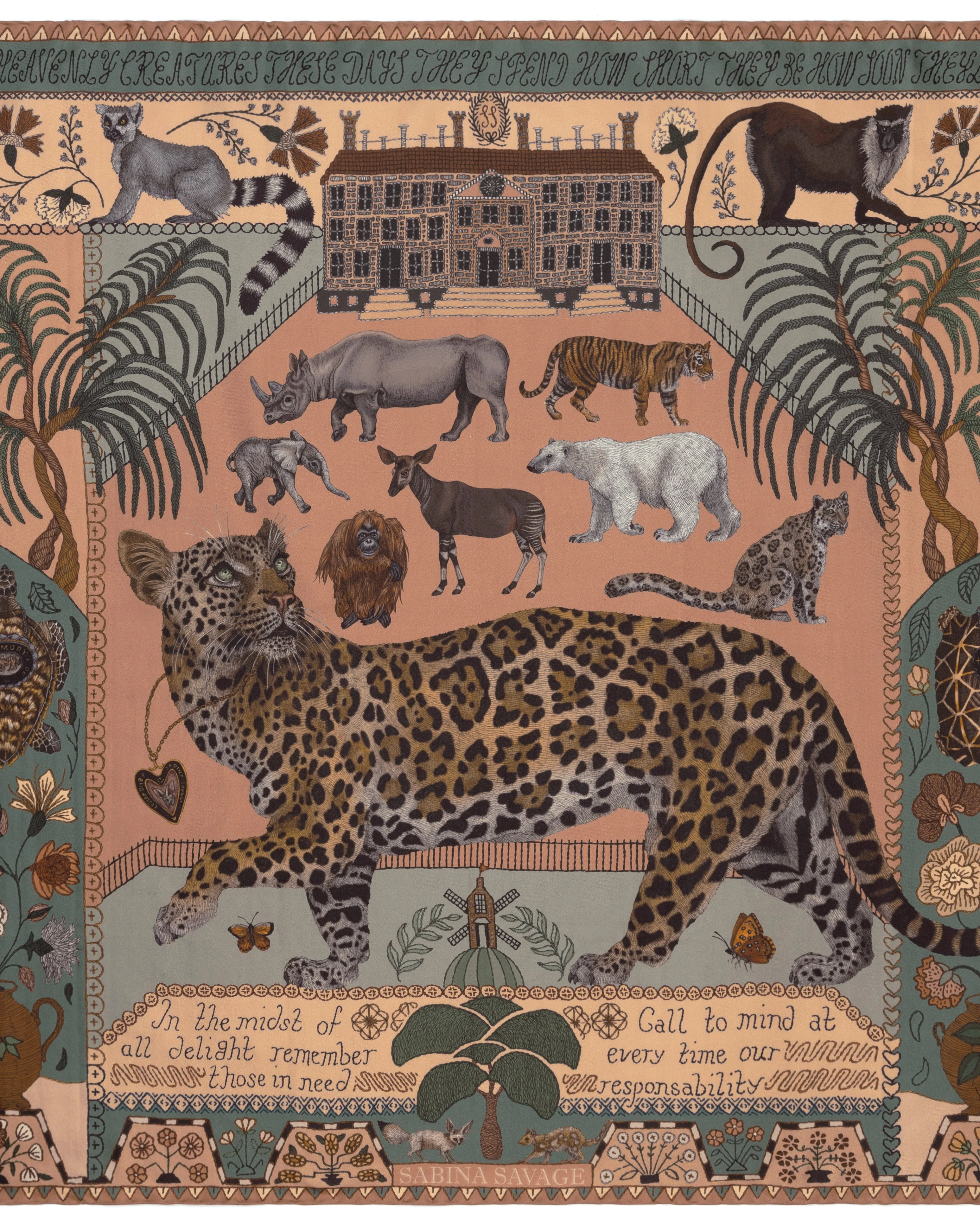 the jaguar's paradise silk twill square scarf - peach/sage - Image 2