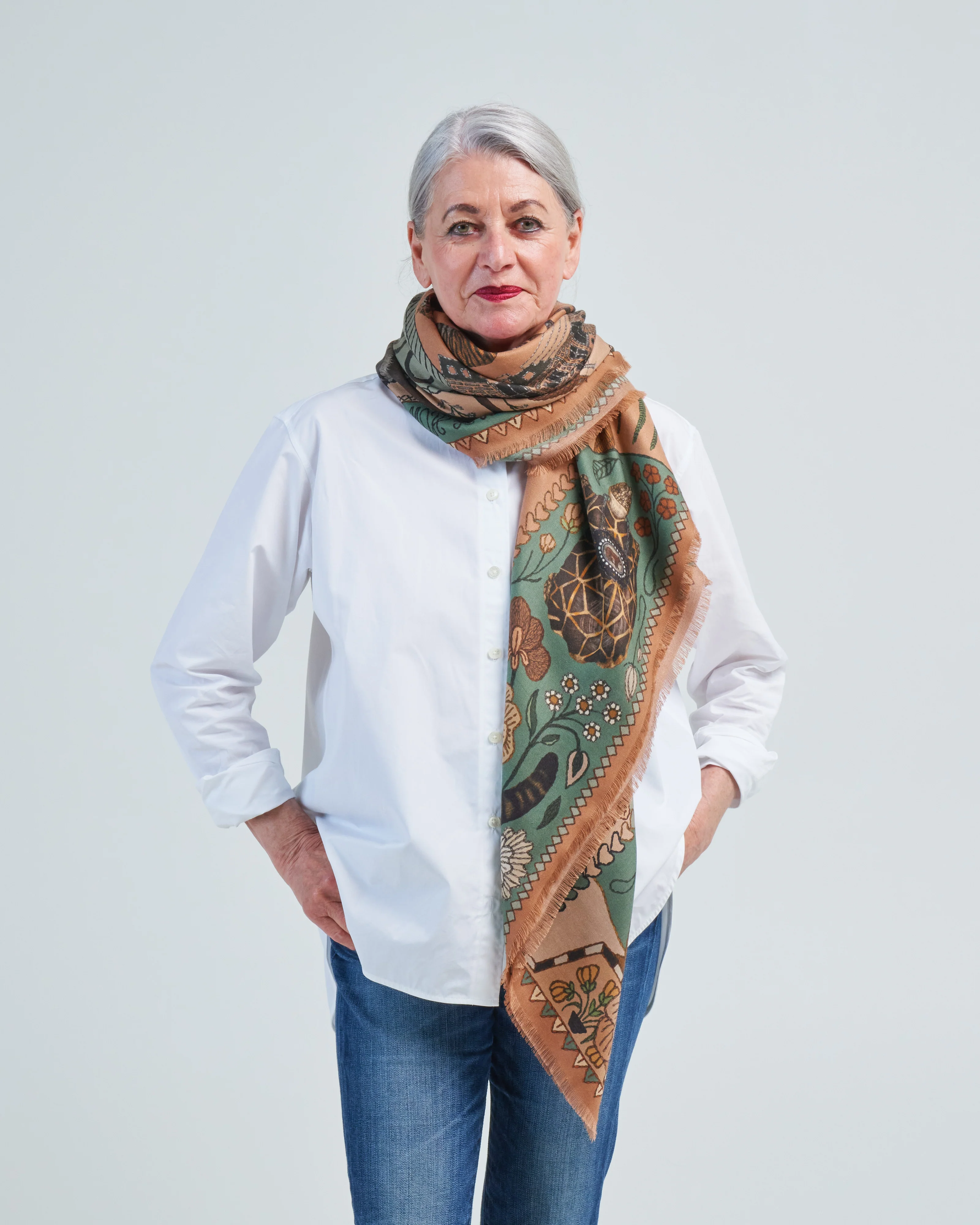 the jaguar's paradise wool/silk square scarf - peach/sage - Image 2