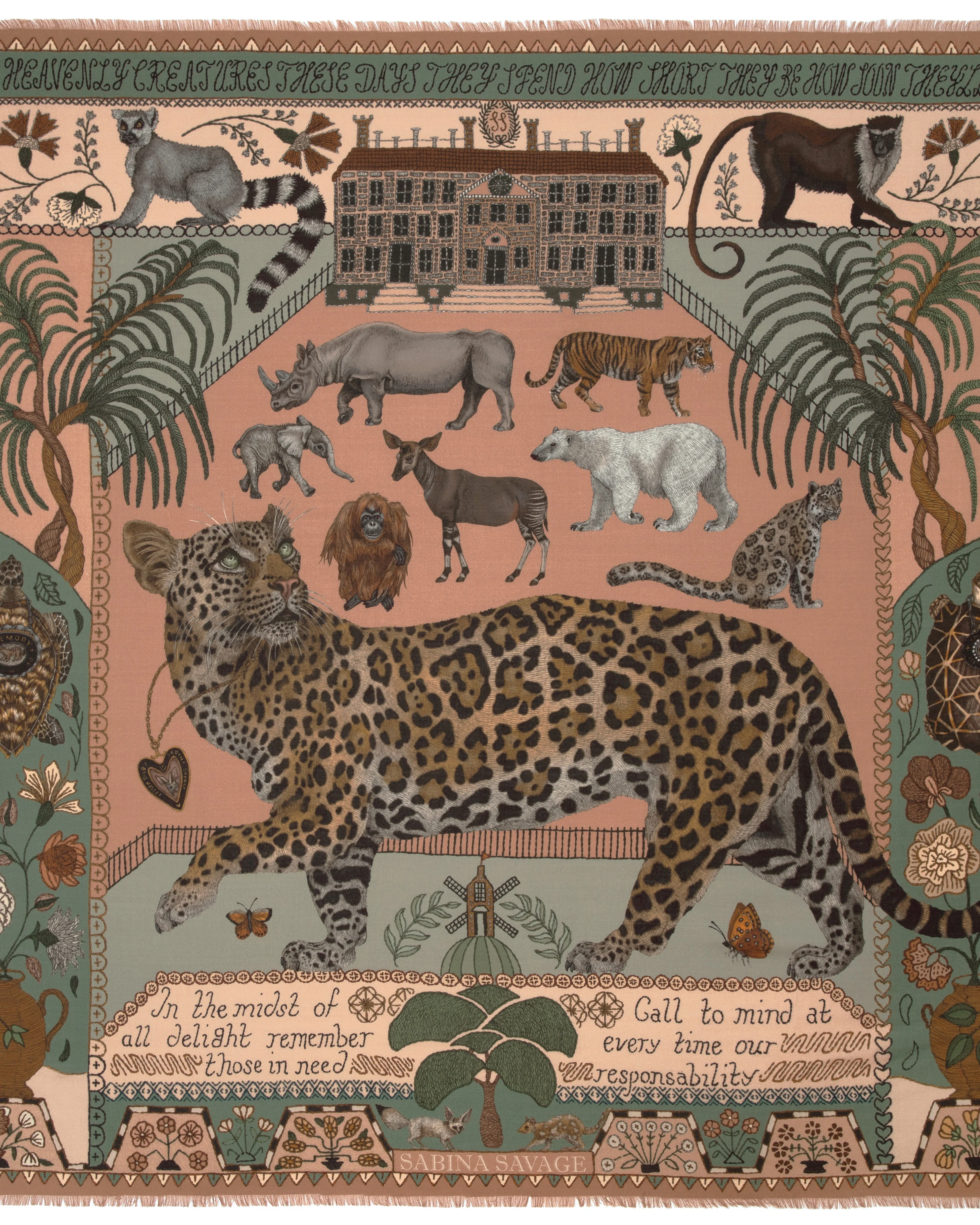 the jaguar's paradise wool/silk square scarf - peach/sage - Image 3