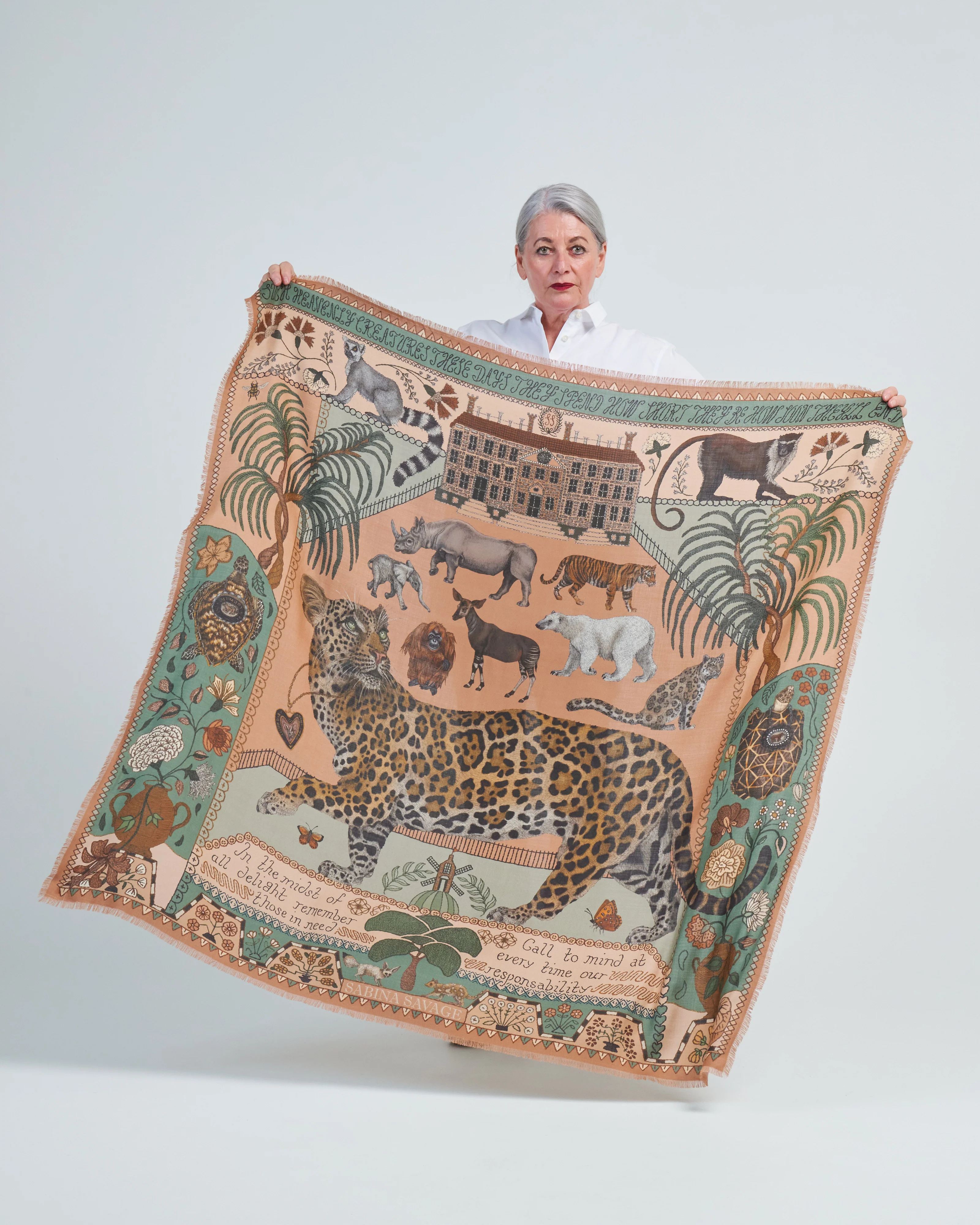 the jaguar's paradise wool/silk square scarf - peach/sage - Image 4