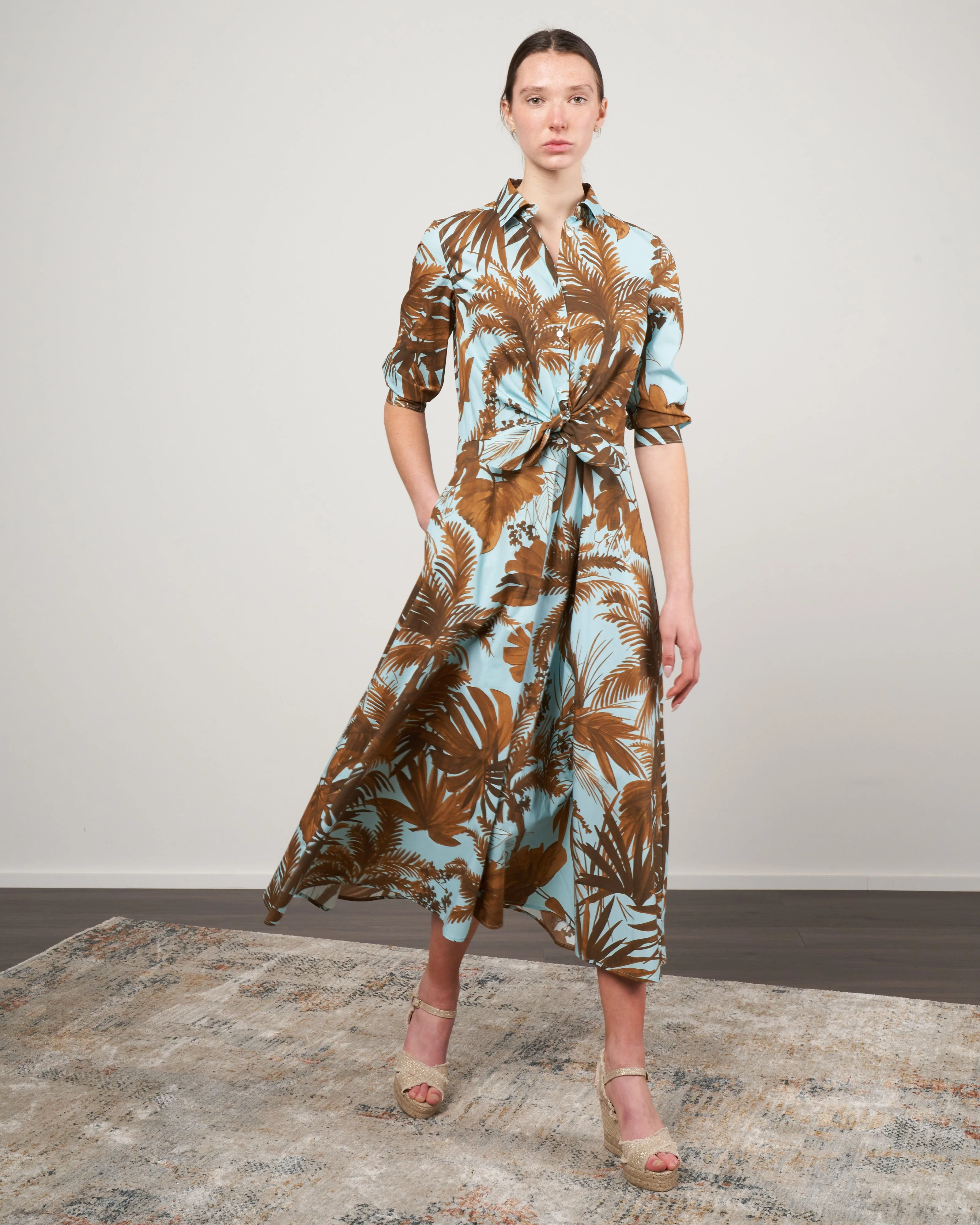 dralla tie front dress - blue cotton palm print - Image 3