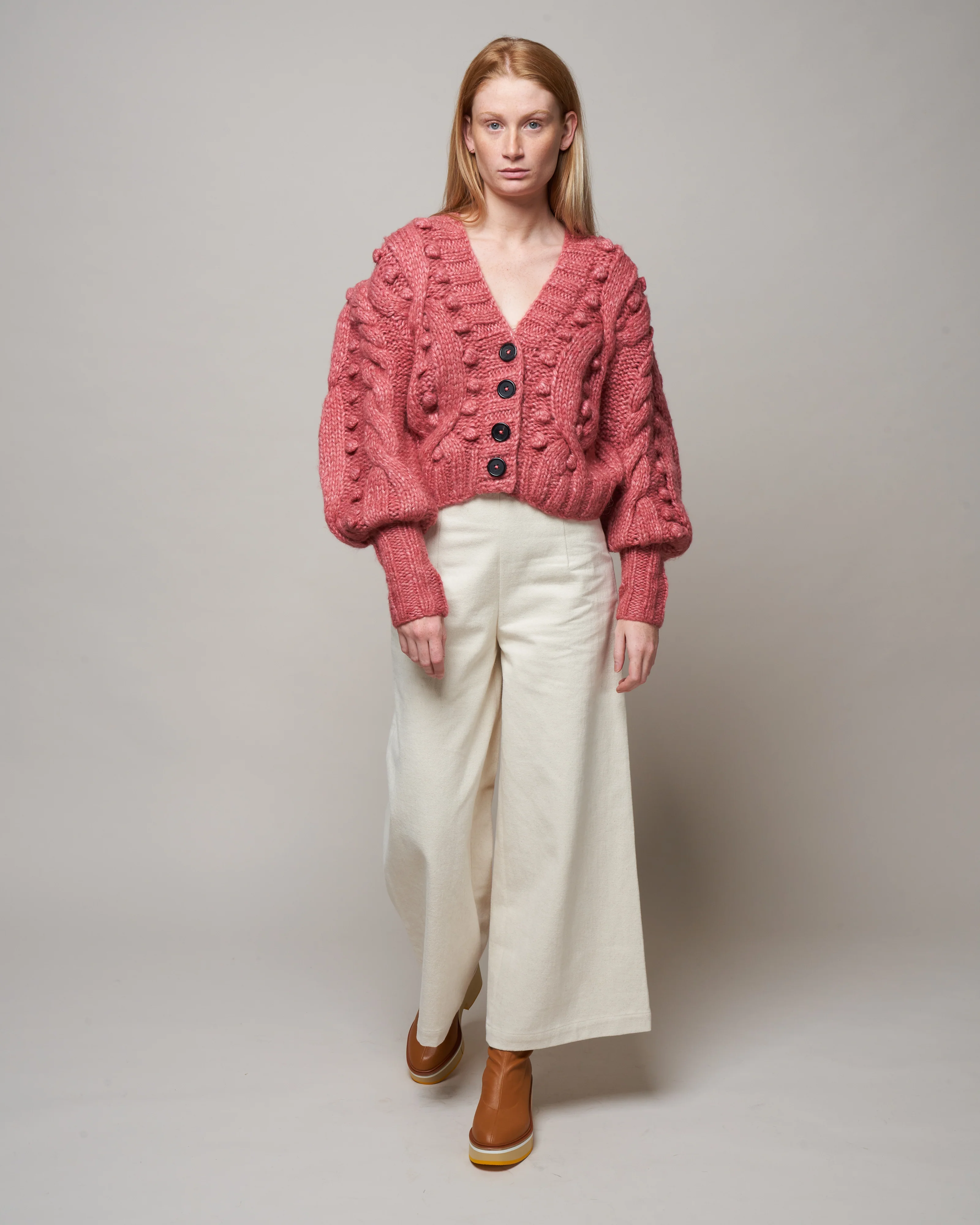 caden cable knit puff slv cardigan - rose - Image 2