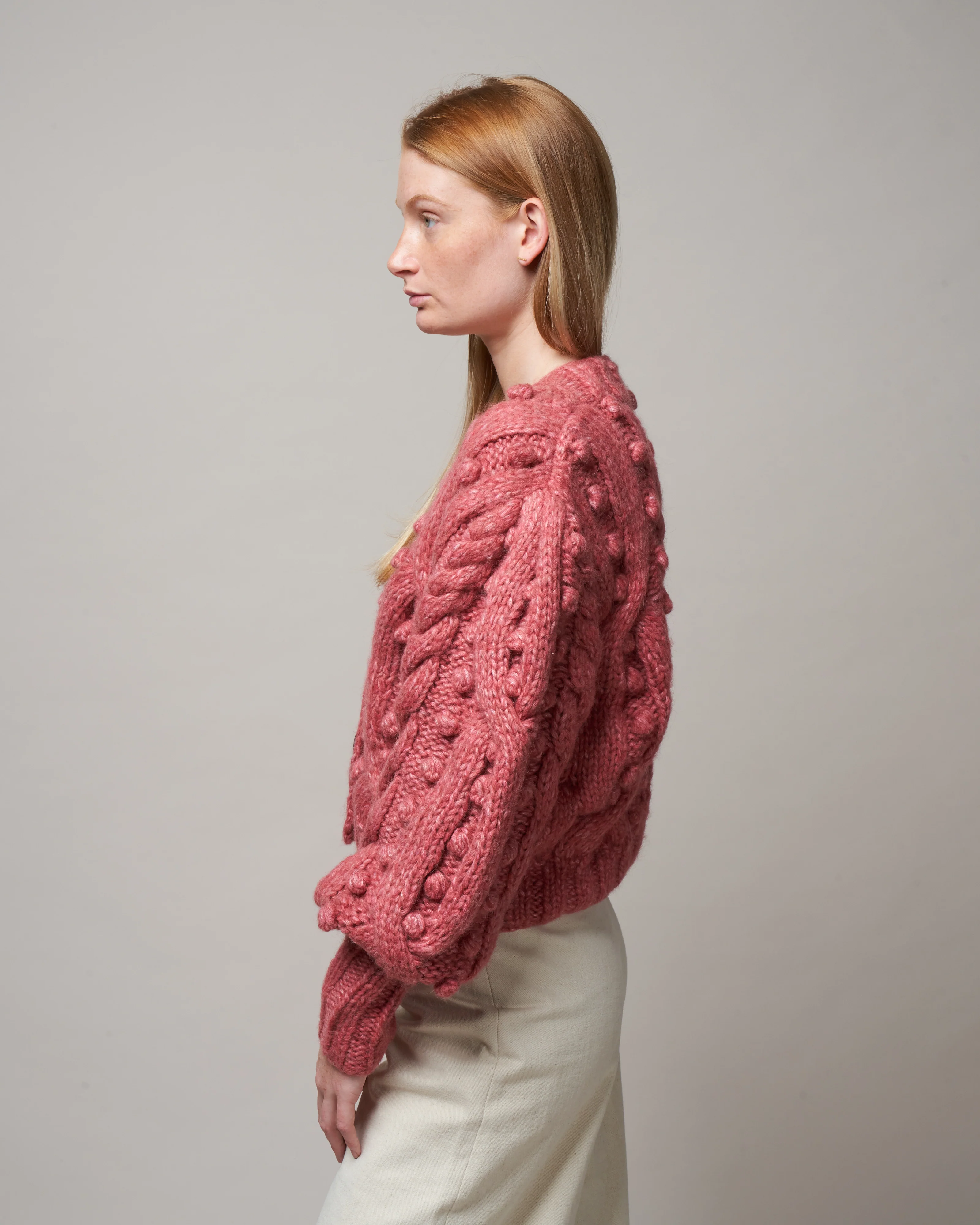 caden cable knit puff slv cardigan - rose - Image 3