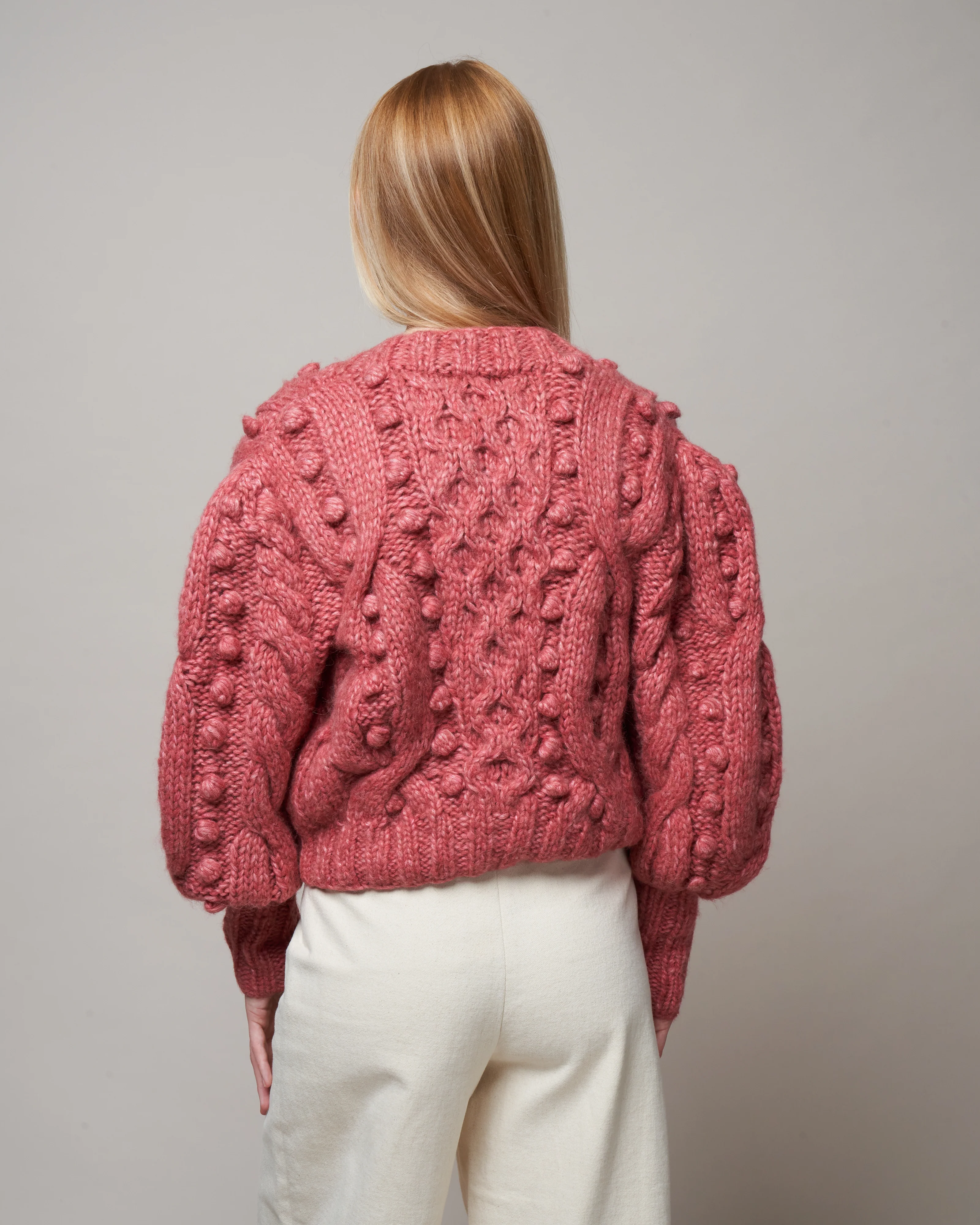 caden cable knit puff slv cardigan - rose - Image 4