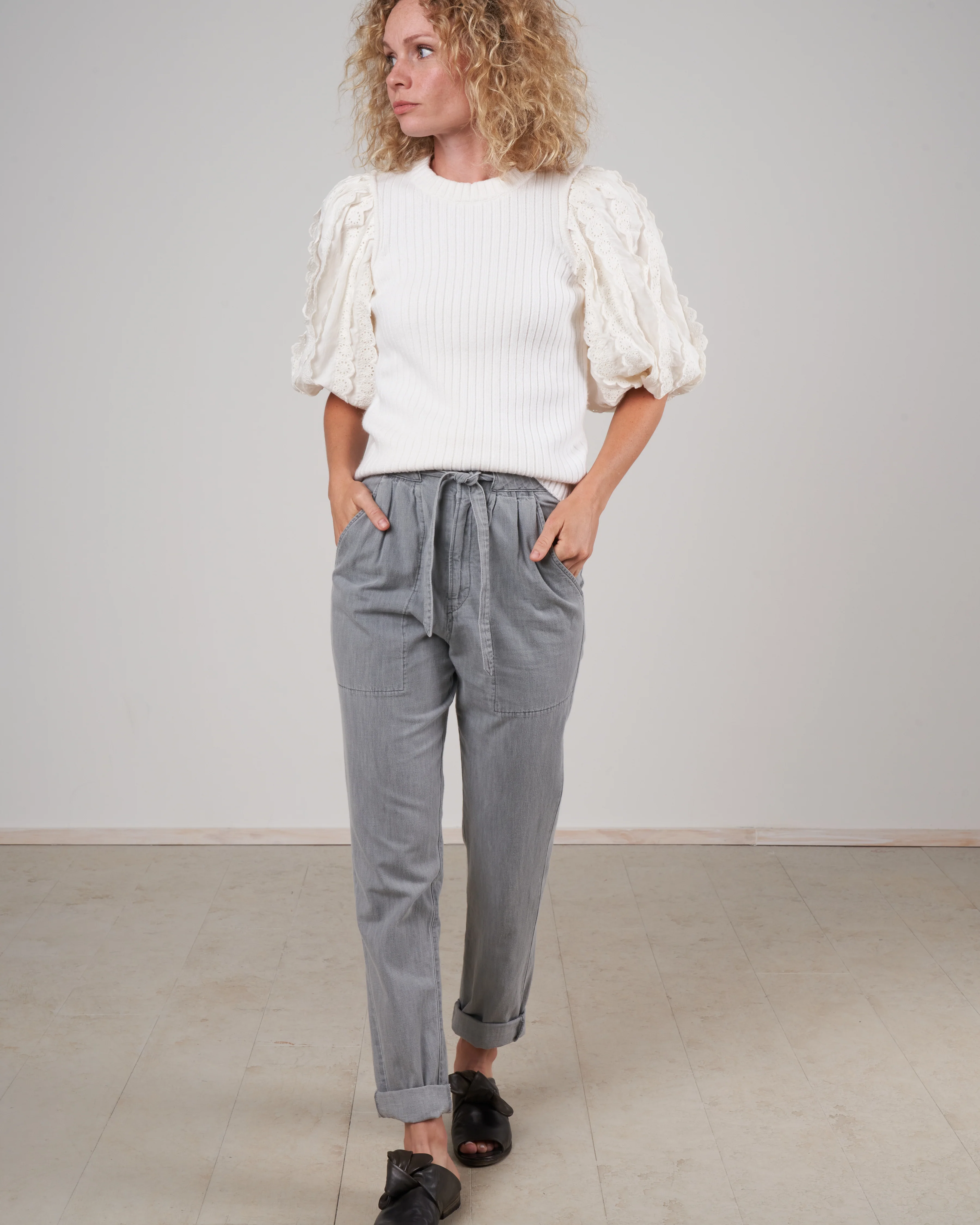 everleigh eyelet s/slv combo sweater- cream cream - Image 2