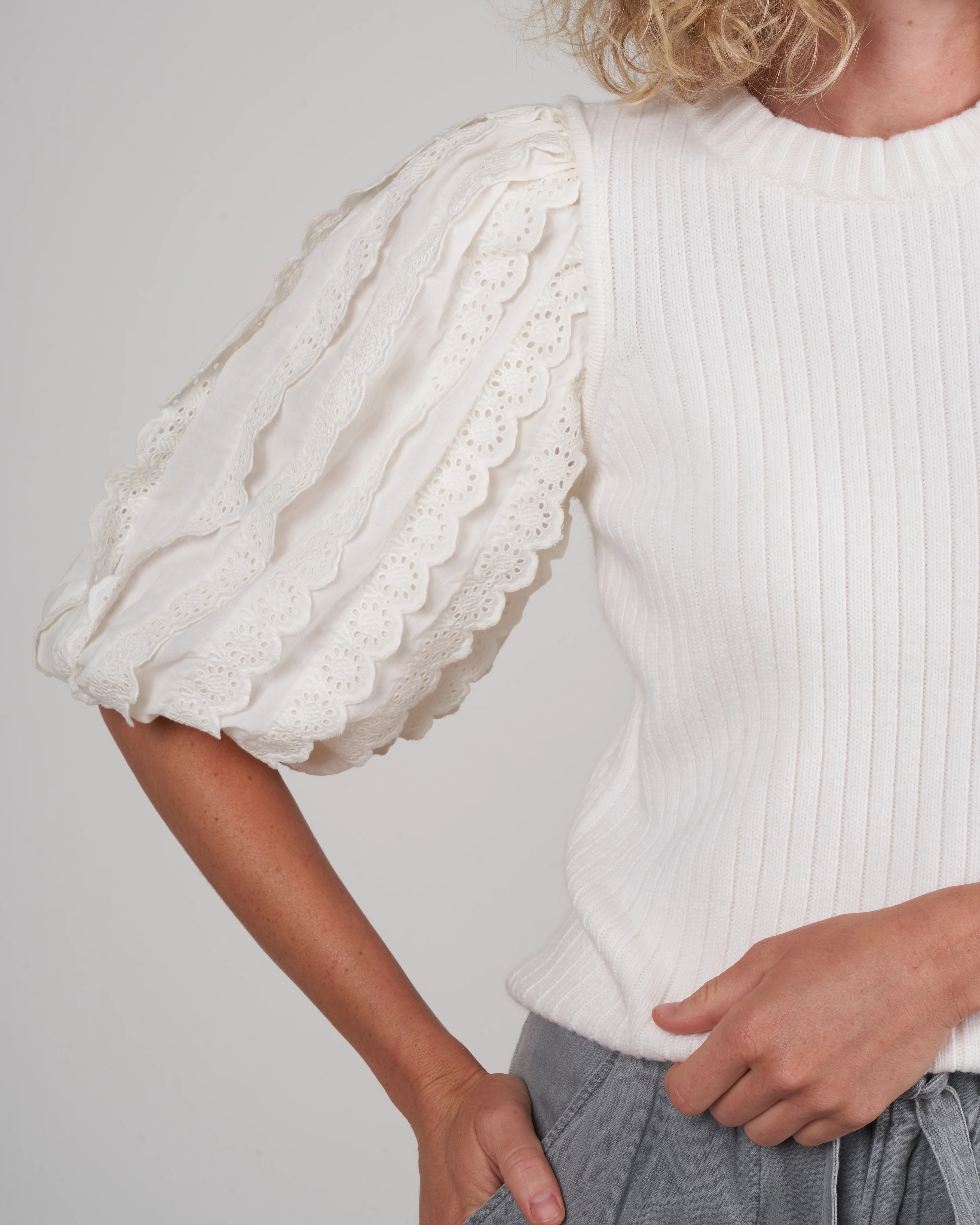 everleigh eyelet s/slv combo sweater- cream cream - Image 5