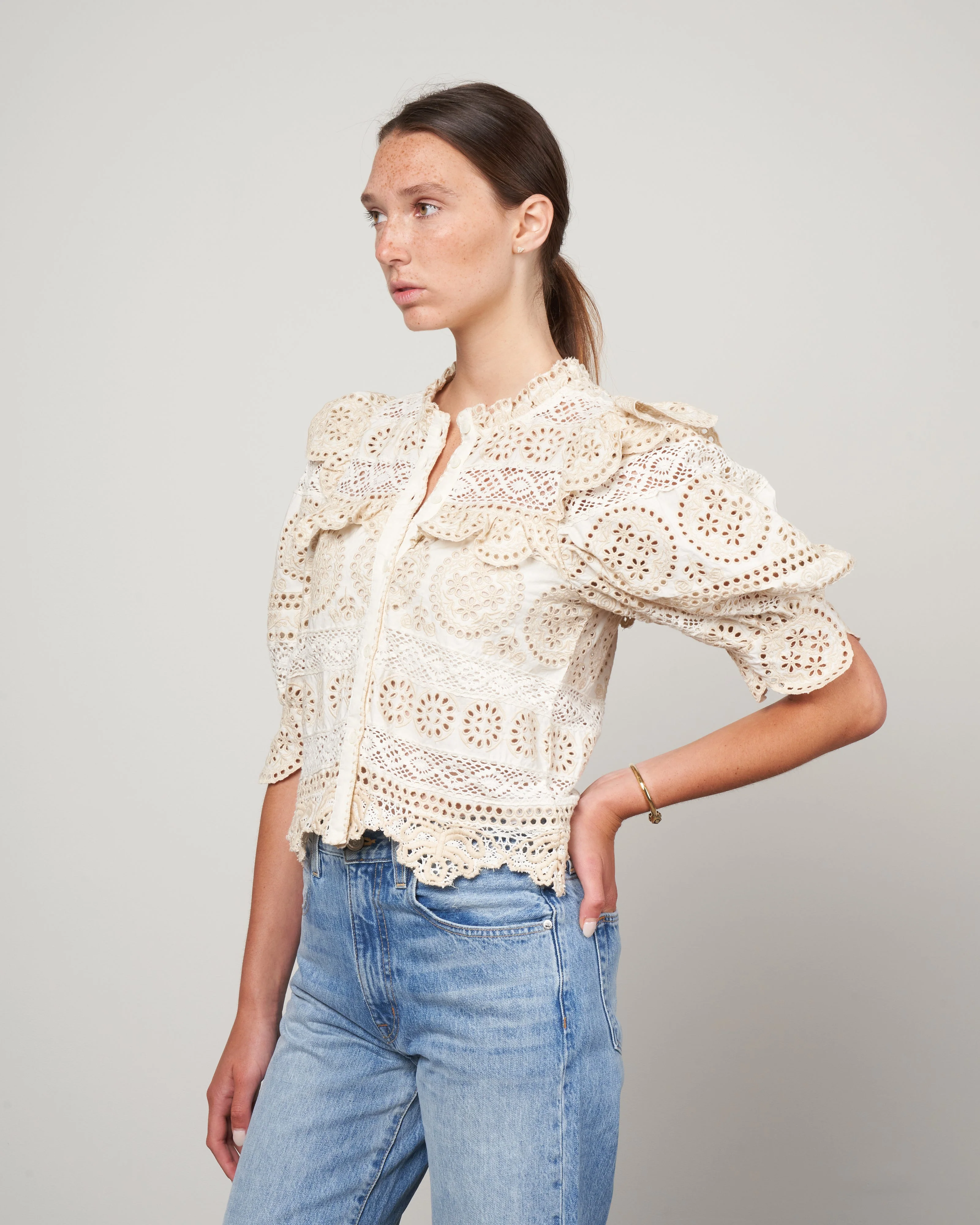 evie eyelet puff slv button-down top - cream - Image 2