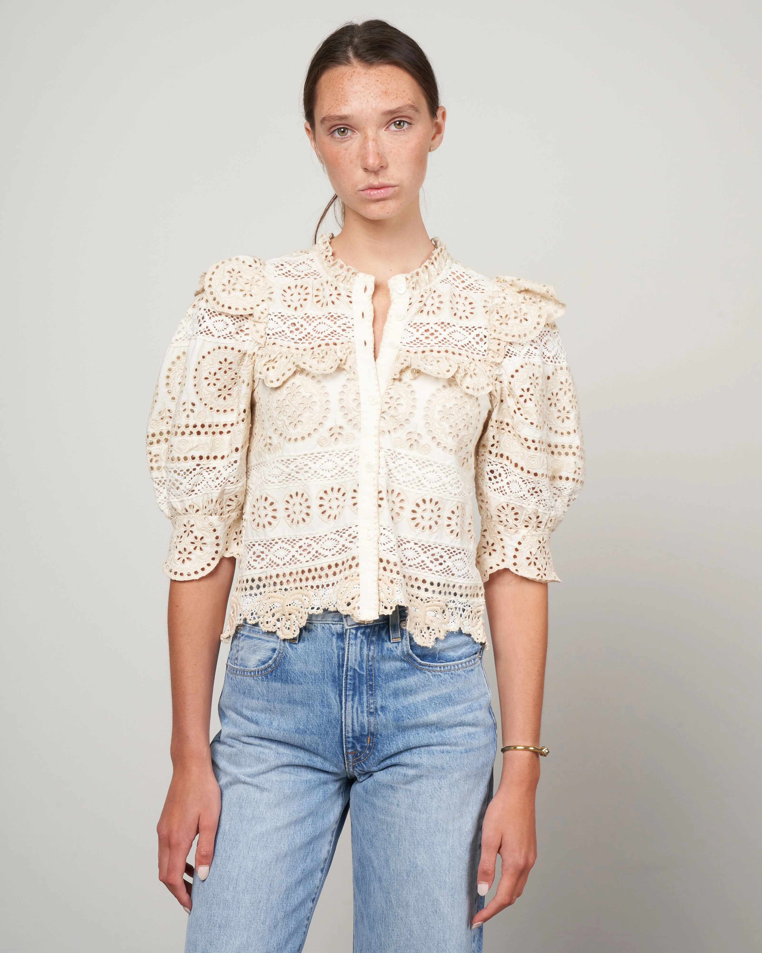evie eyelet puff slv button-down top - cream - Image 3