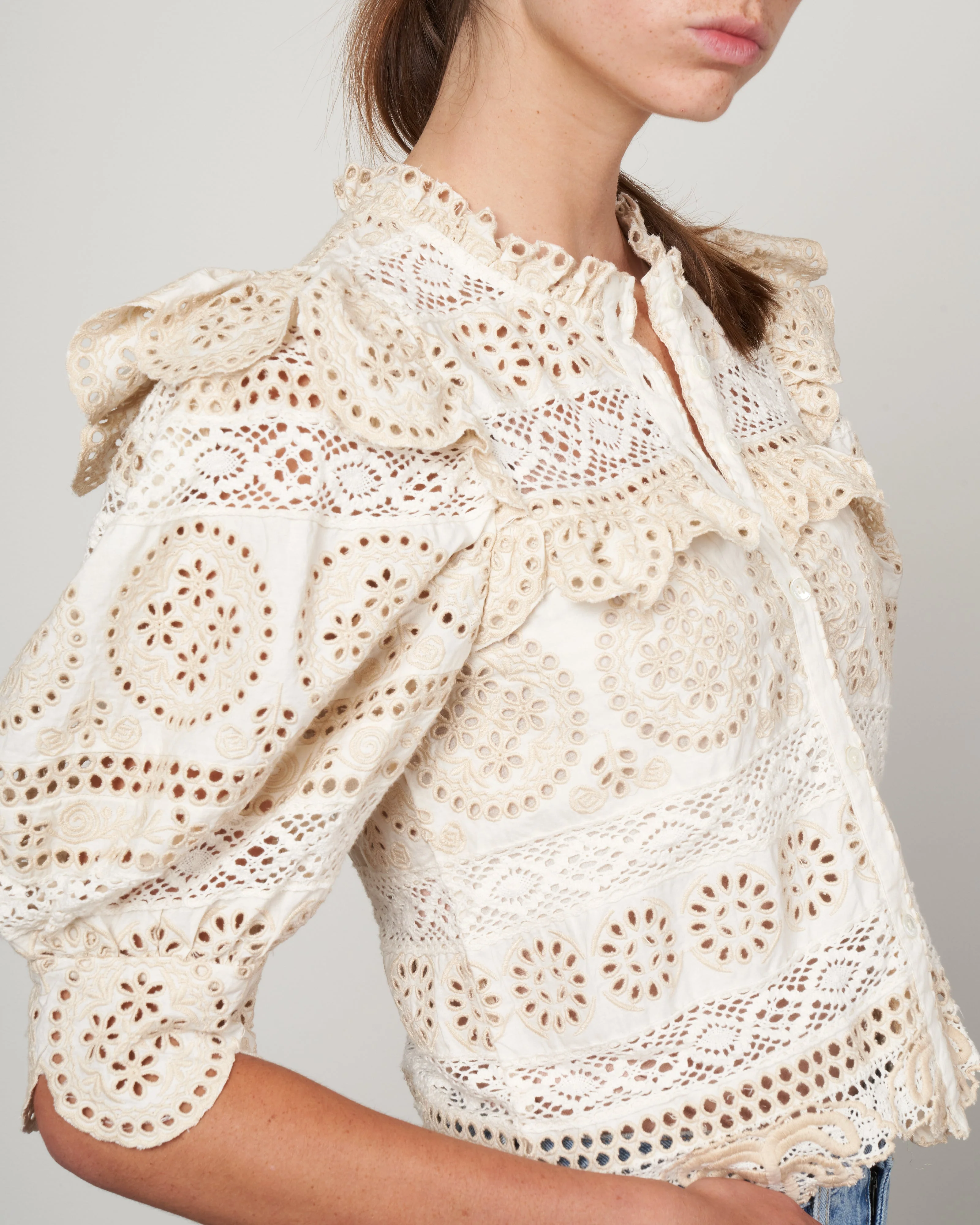 evie eyelet puff slv button-down top - cream - Image 5