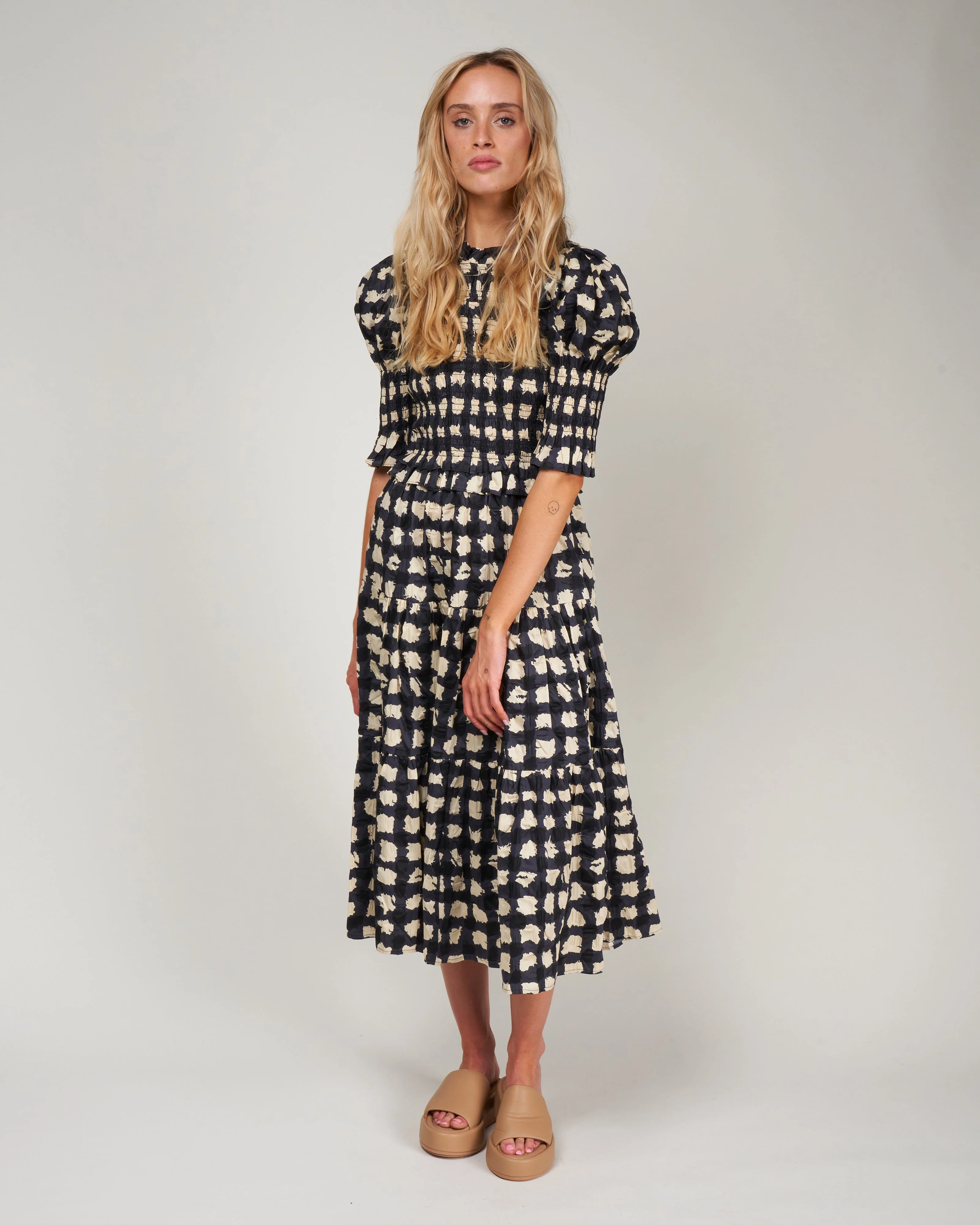 ginger gingham puff slv smocked dress - charcoal