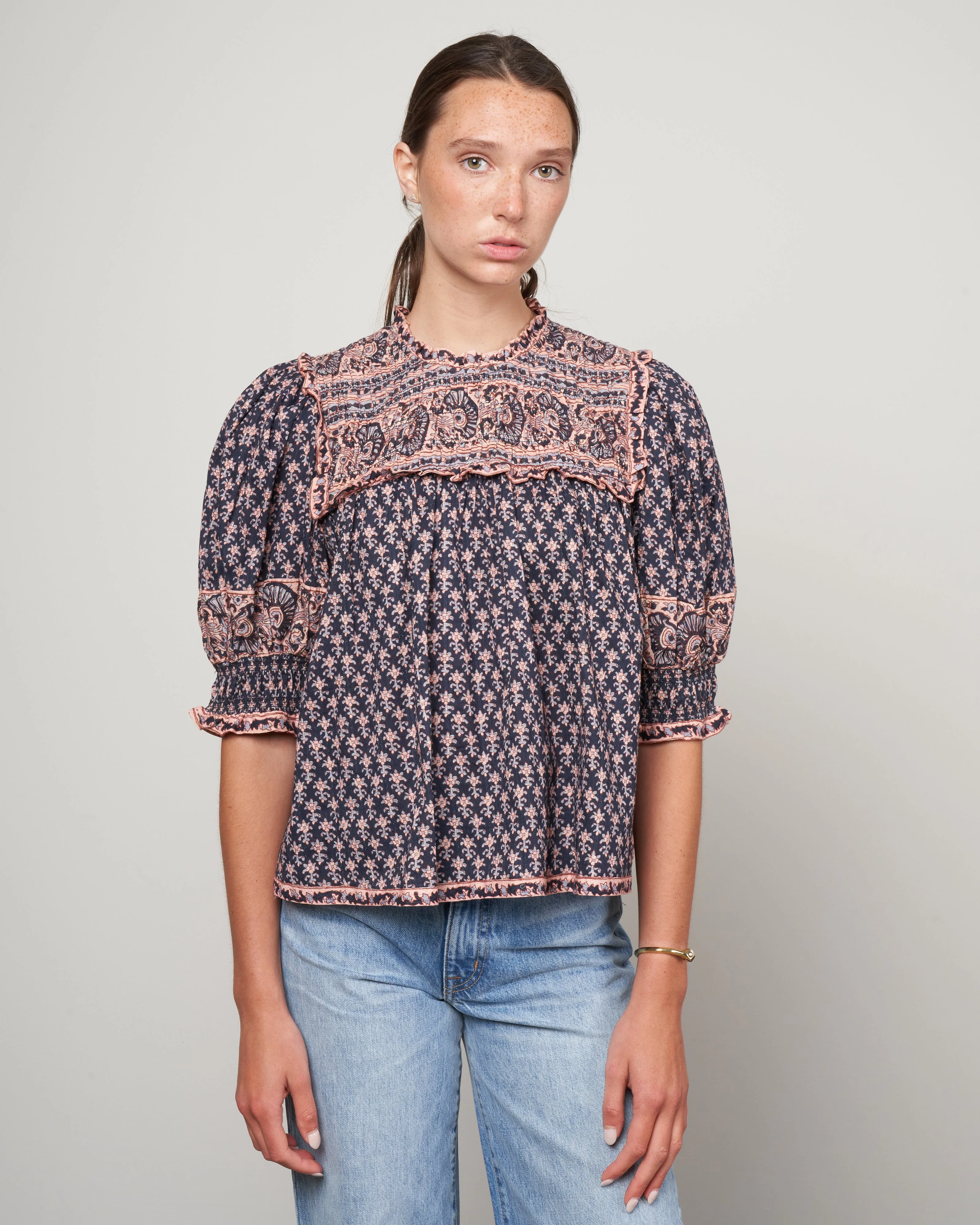 jasper border puff slv smocked top - marine - Image 2