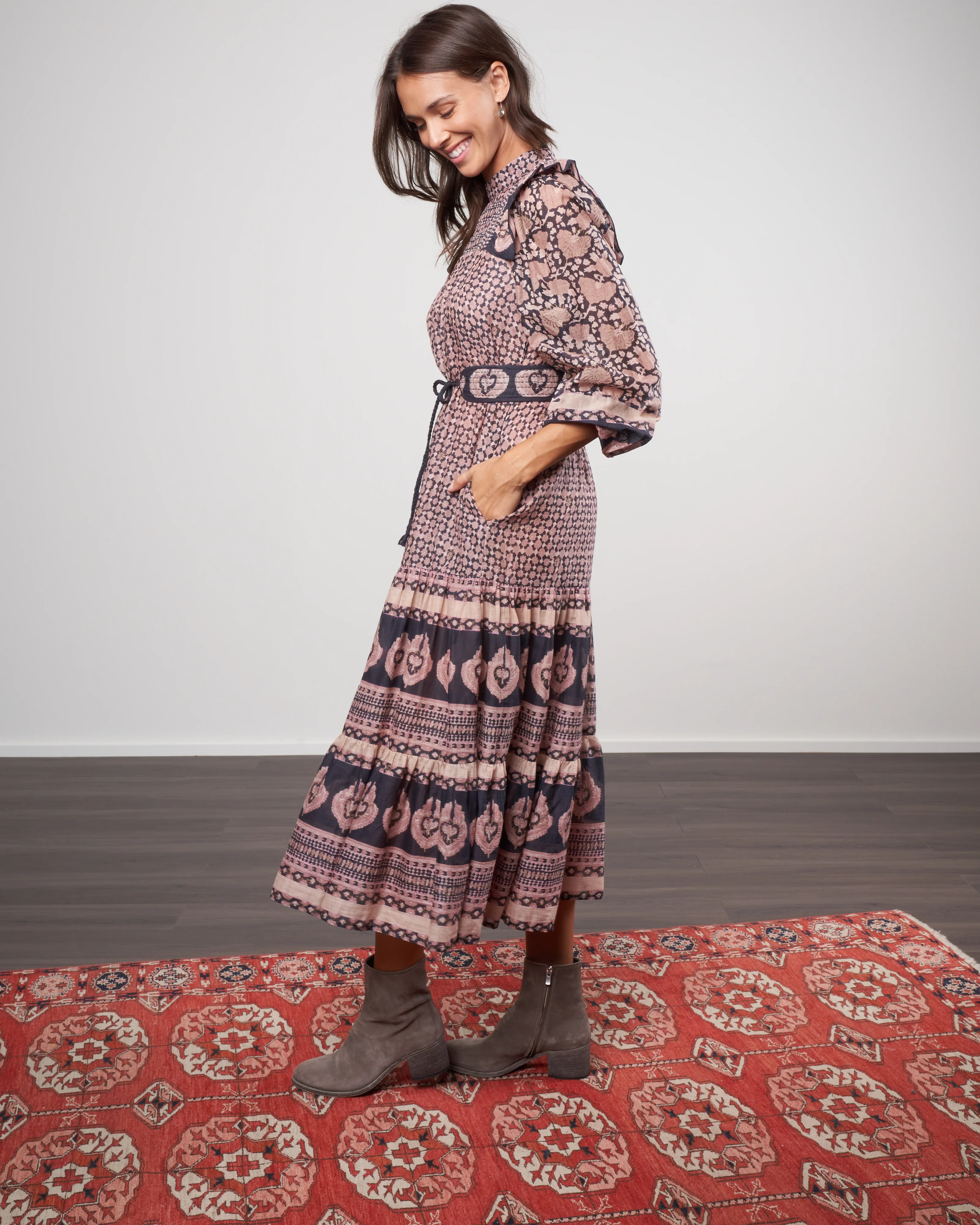 margo border long sleeved belted dress - lilac - Image 2