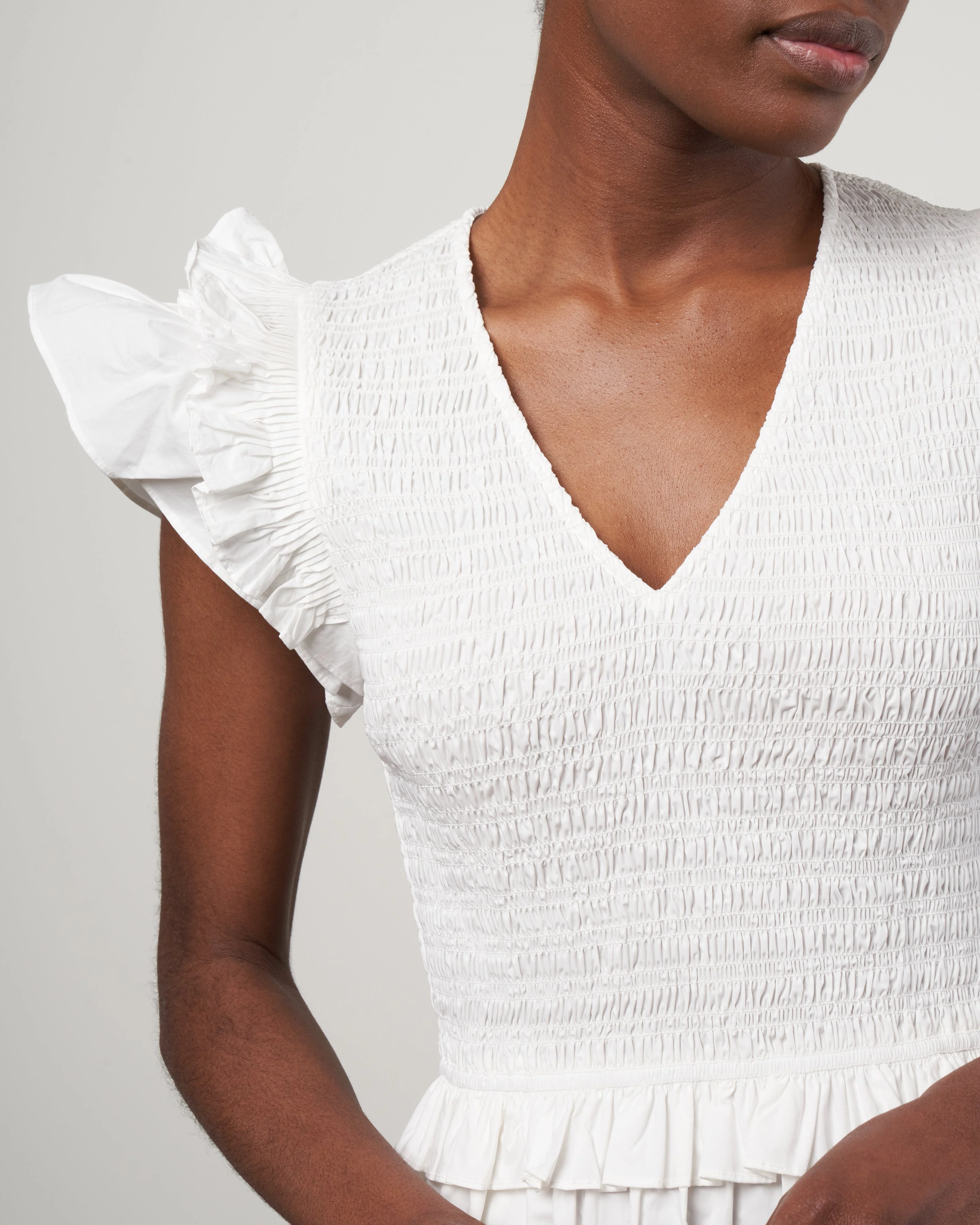 phoebe cotton flutter sleeve smocked dress - white - Image 4