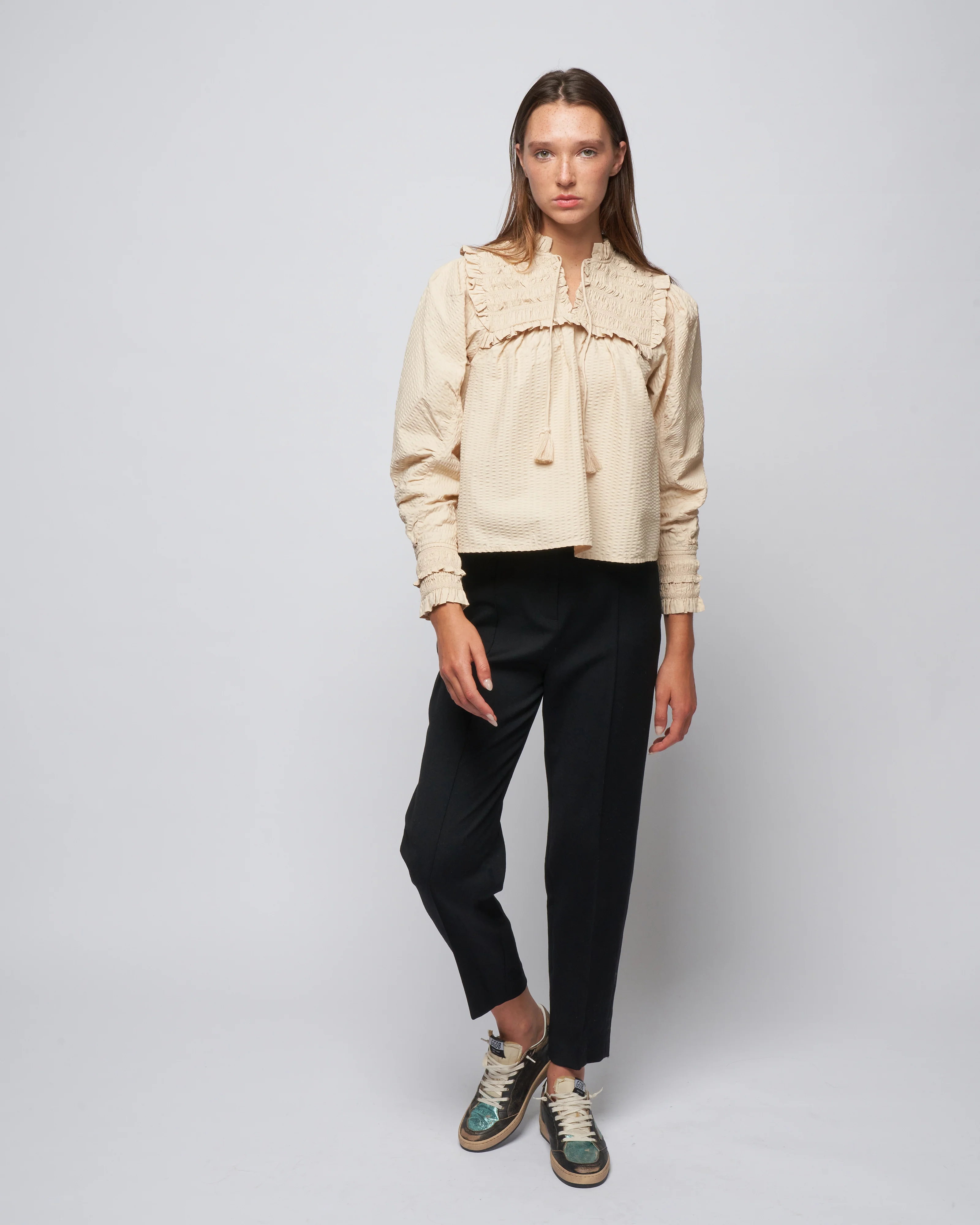 sevyn solid seersucker l/slv top - cream - Image 2