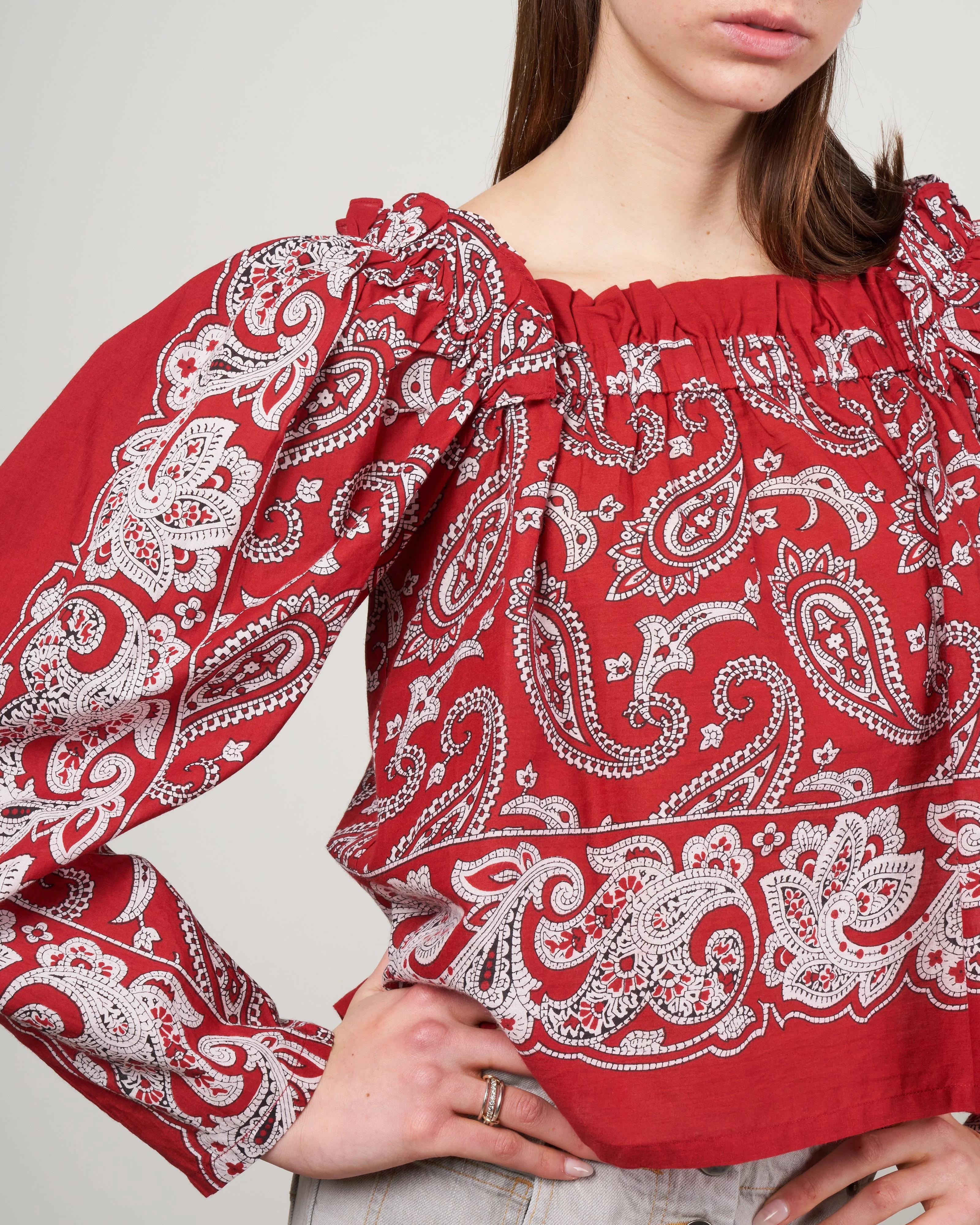 theodora paisley print long sleeve top - red - Image 5