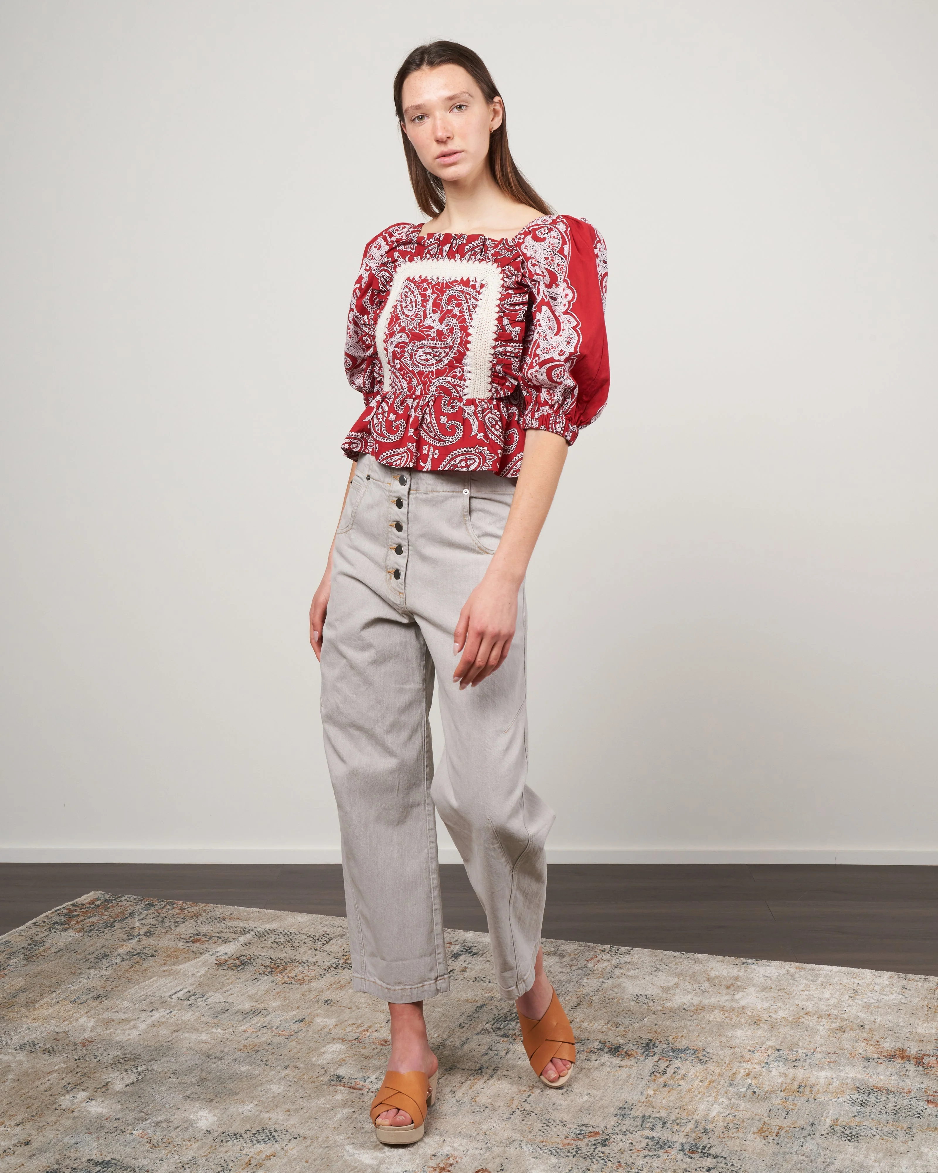 theodora paisley print puff sleeve top - red - Image 3