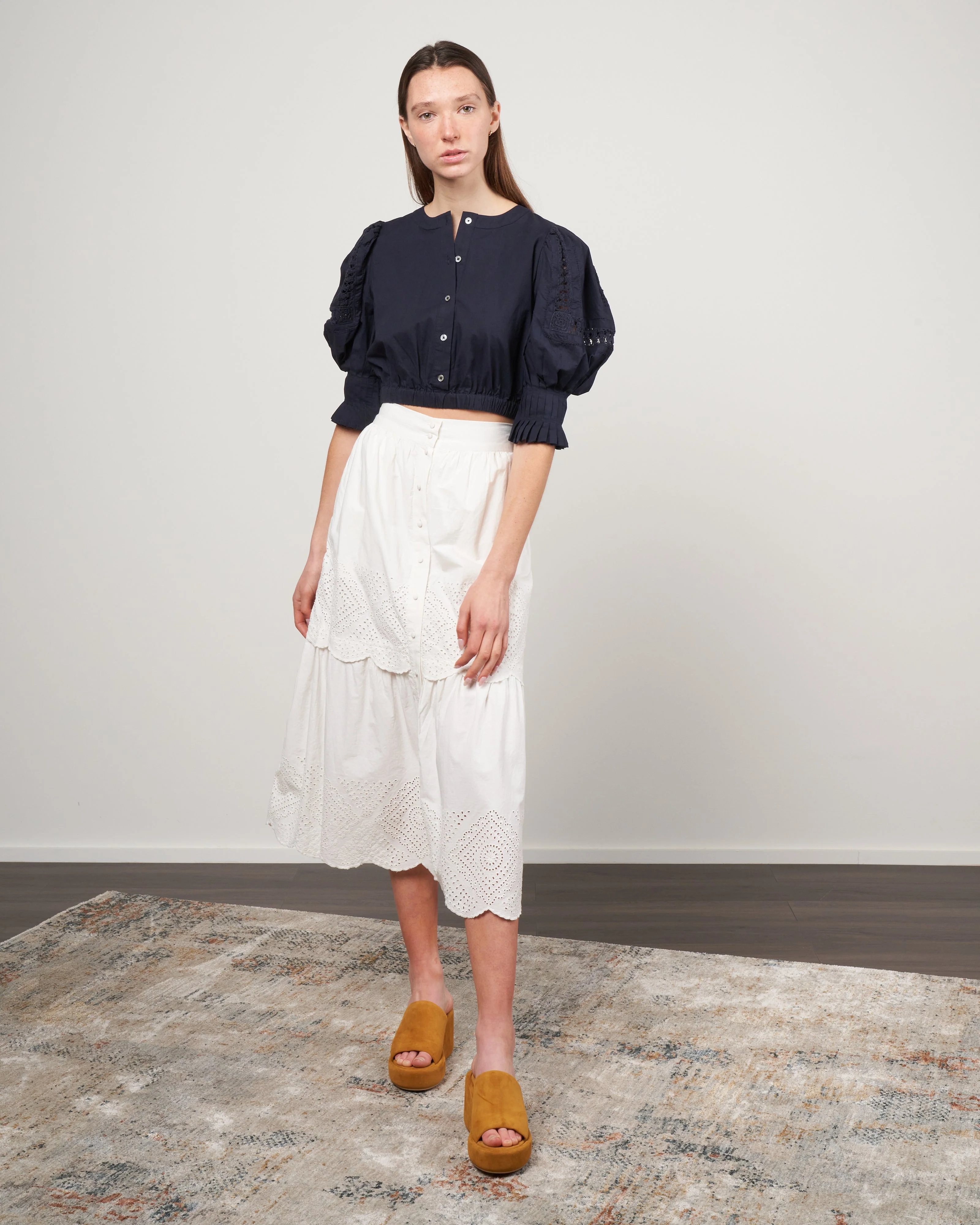 thora thread pull puff sleeve button down top - navy - Image 2