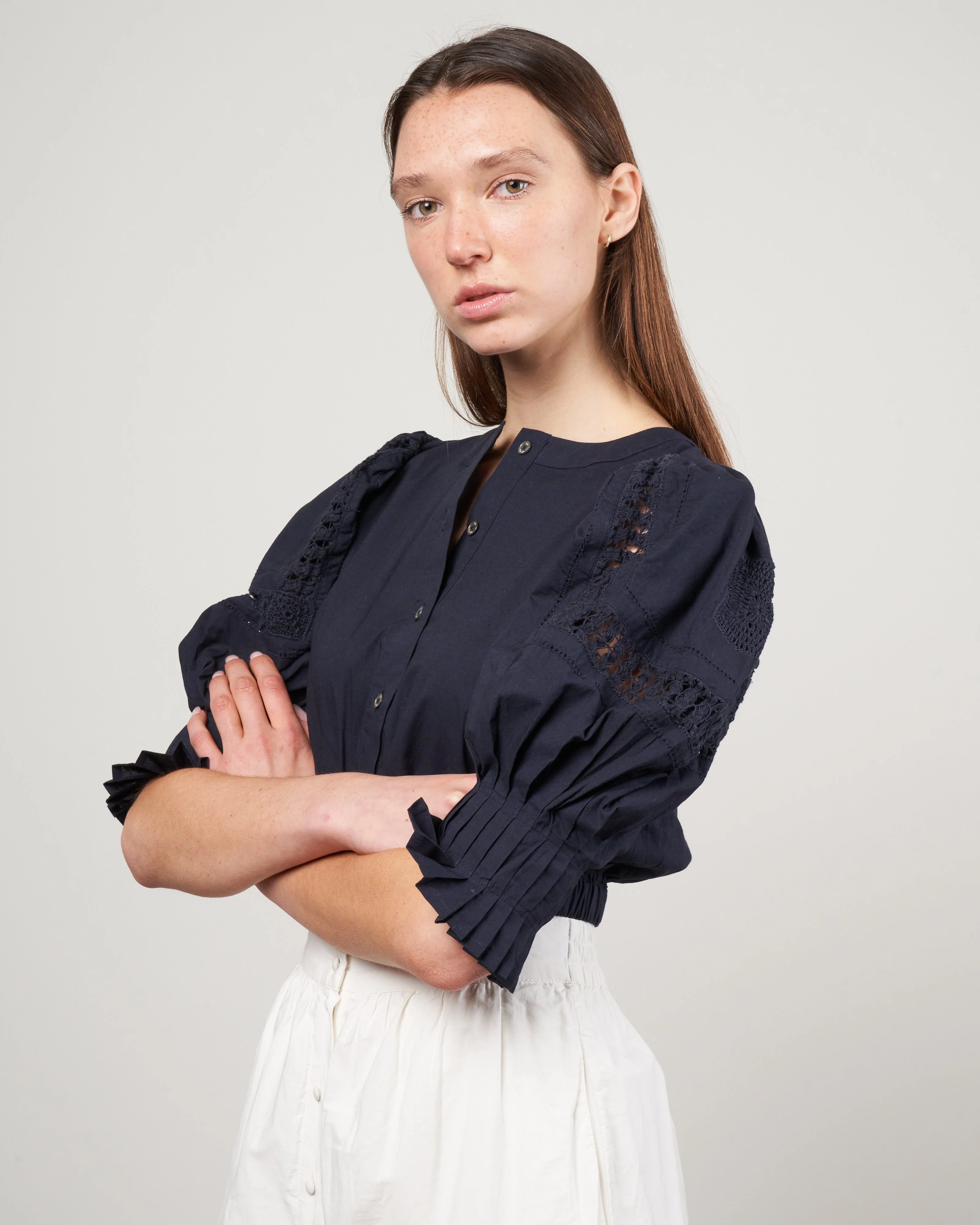 thora thread pull puff sleeve button down top - navy - Image 3