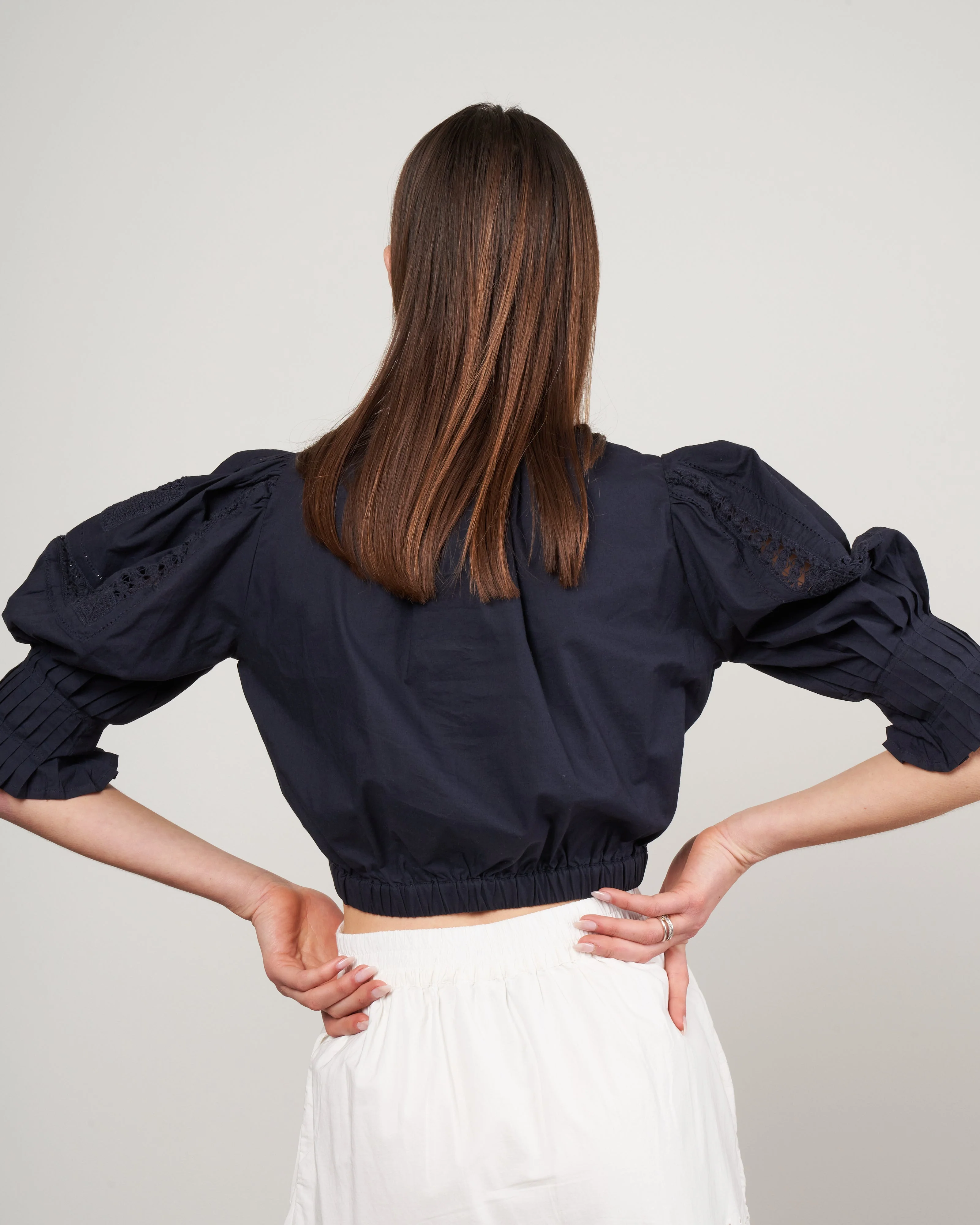 thora thread pull puff sleeve button down top - navy - Image 4