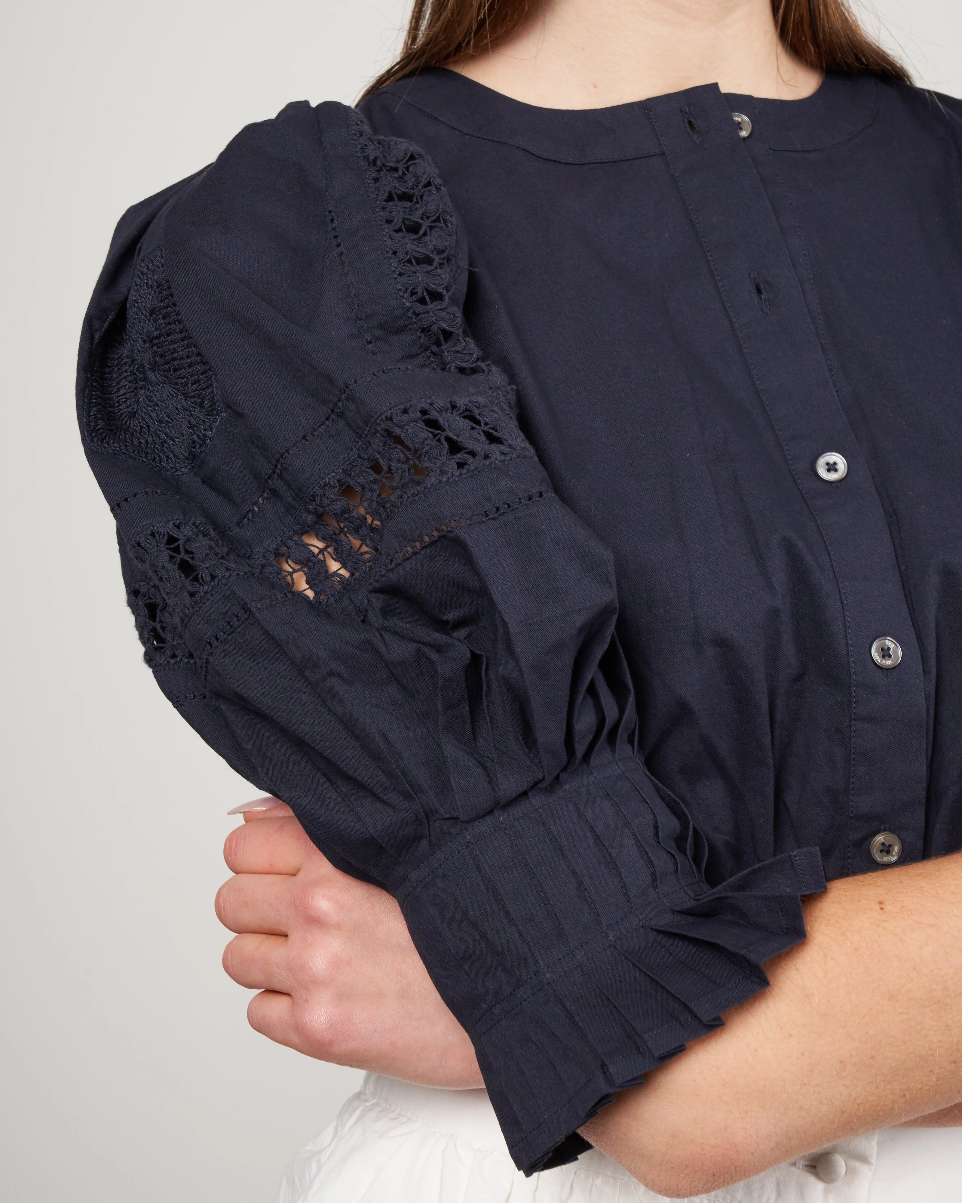 thora thread pull puff sleeve button down top - navy - Image 5