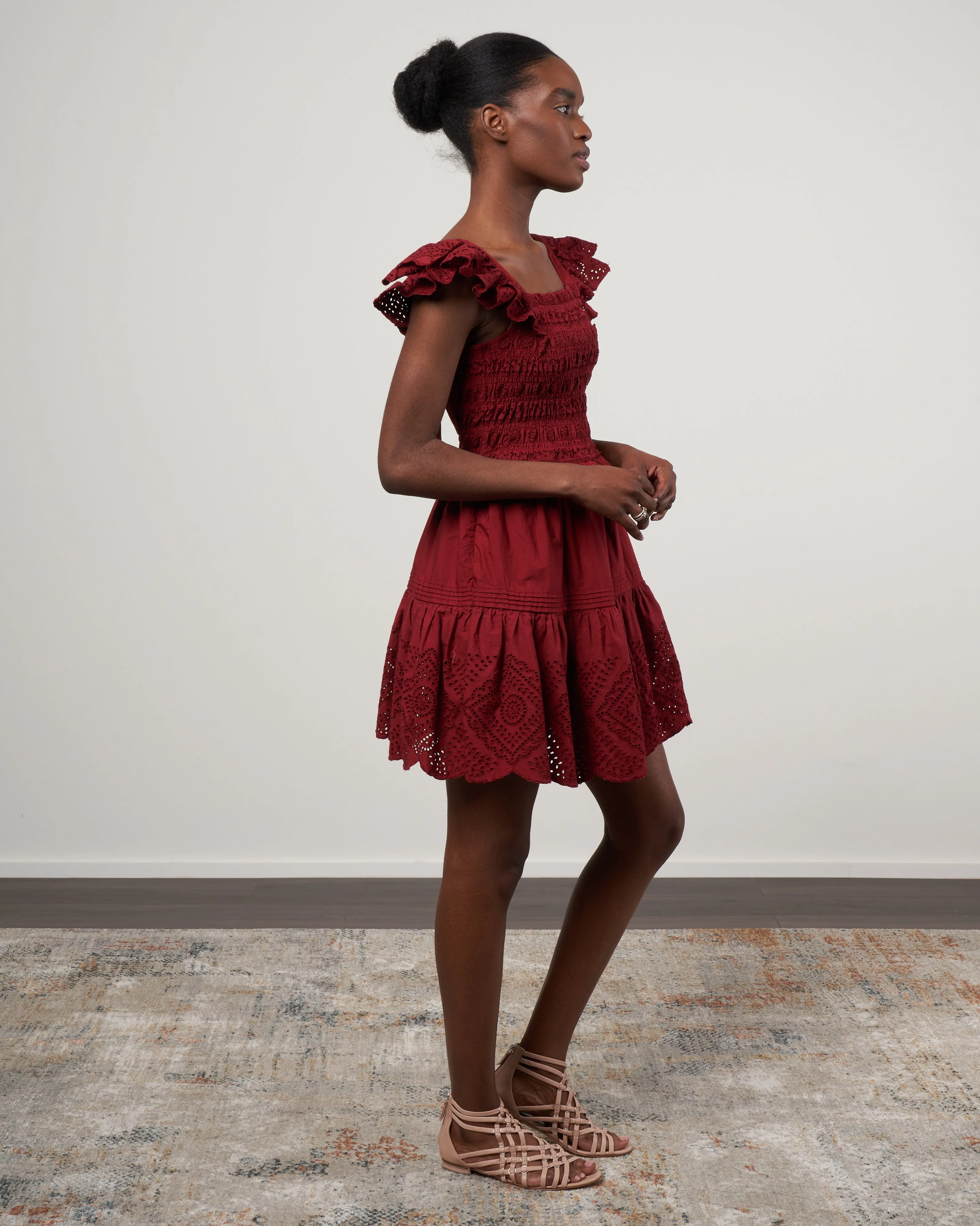 vienne eyelet flutter sleeve smocked dress - red - Image 2