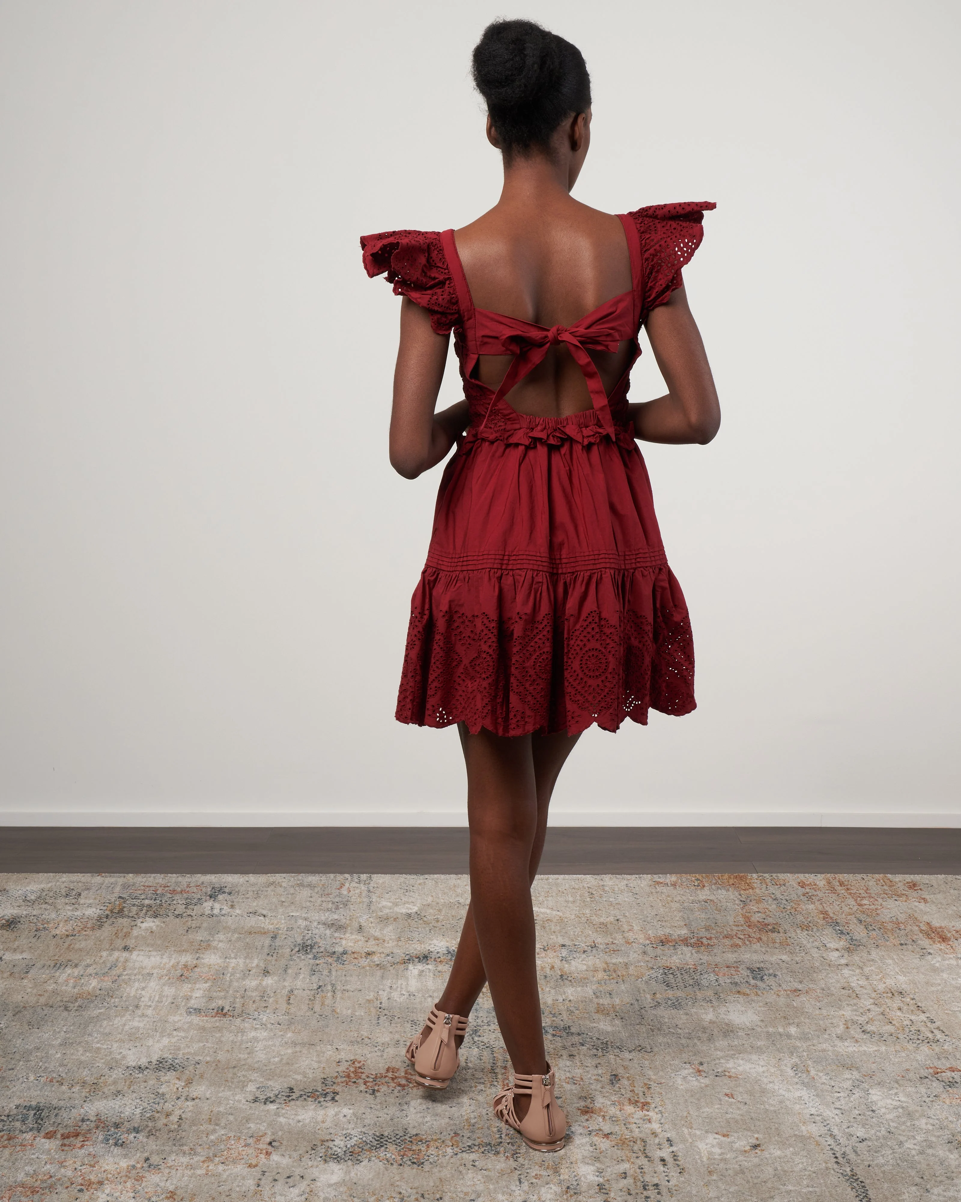 vienne eyelet flutter sleeve smocked dress - red - Image 3