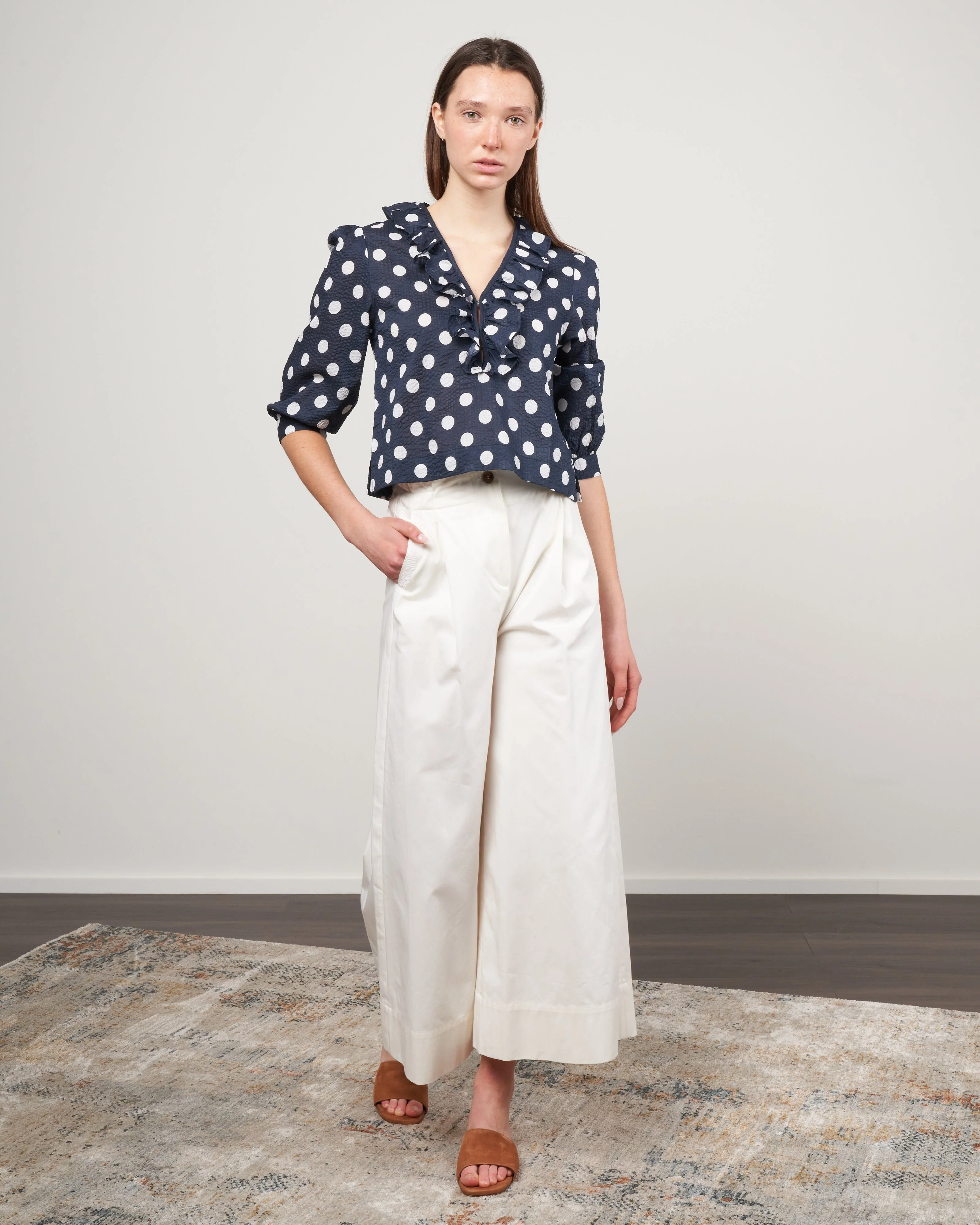 deep v ruffle blouse - navy/white polka dot - Image 2