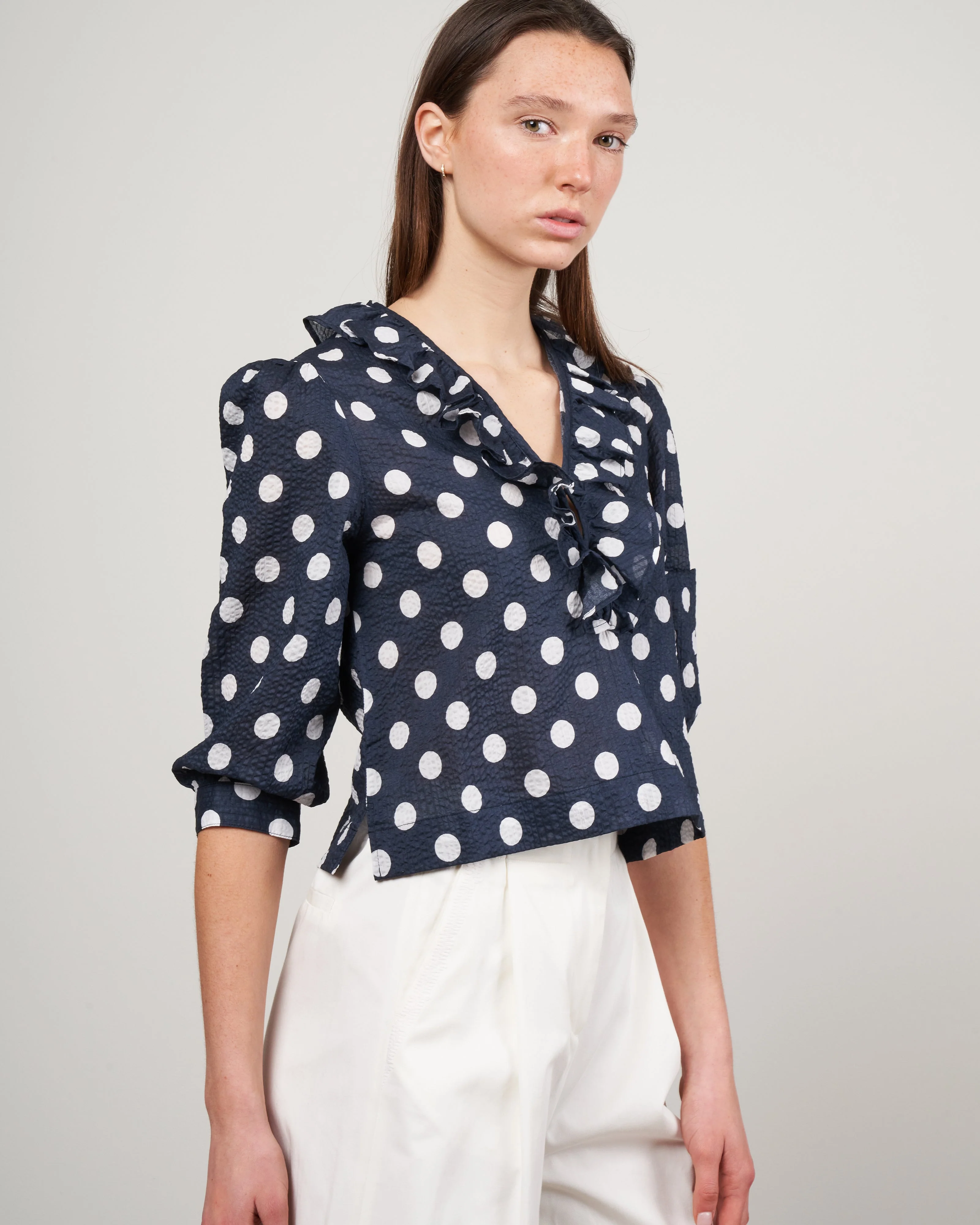 deep v ruffle blouse - navy/white polka dot - Image 3