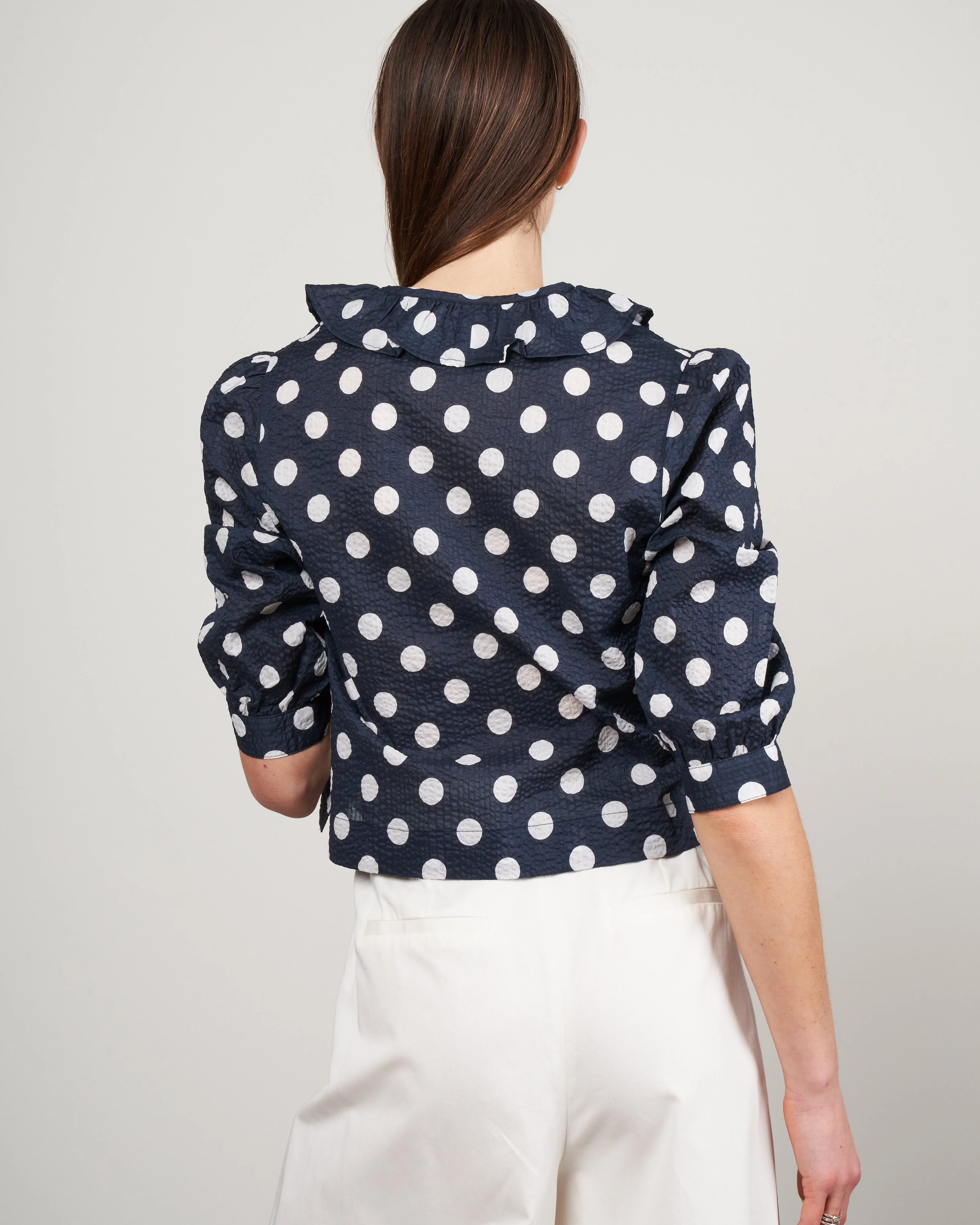 deep v ruffle blouse - navy/white polka dot - Image 4