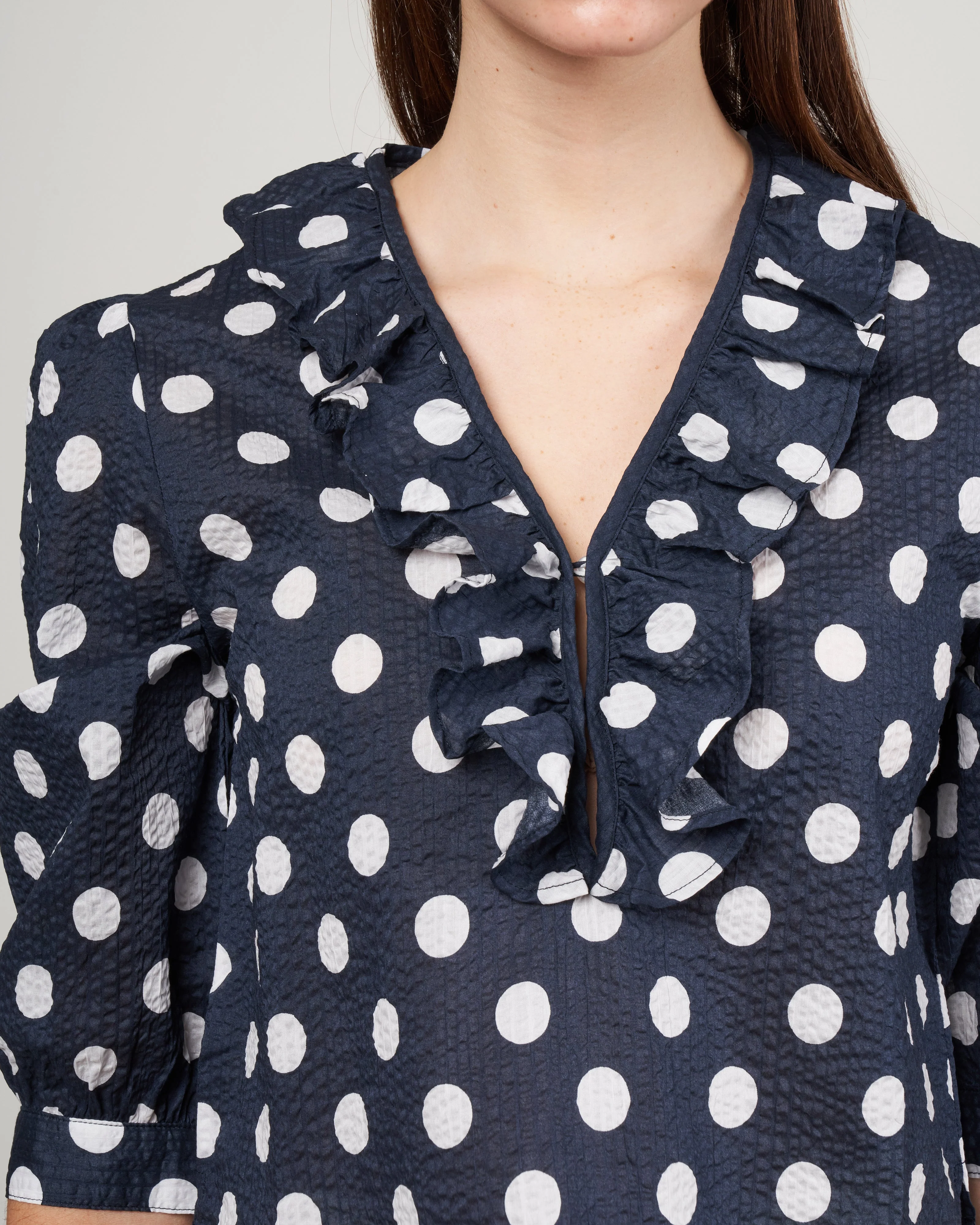 deep v ruffle blouse - navy/white polka dot - Image 5