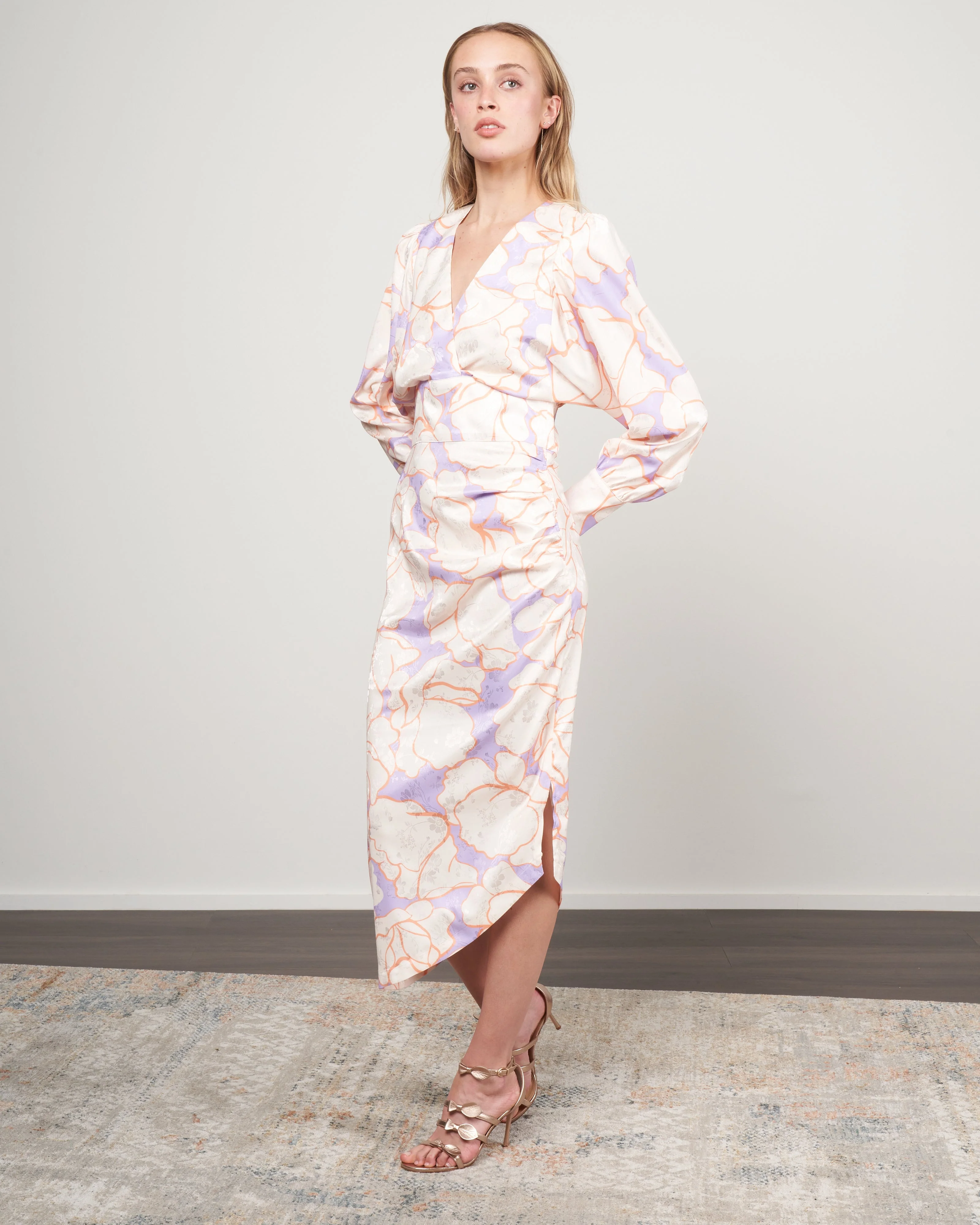 draped midi dress - abstract lilac floral