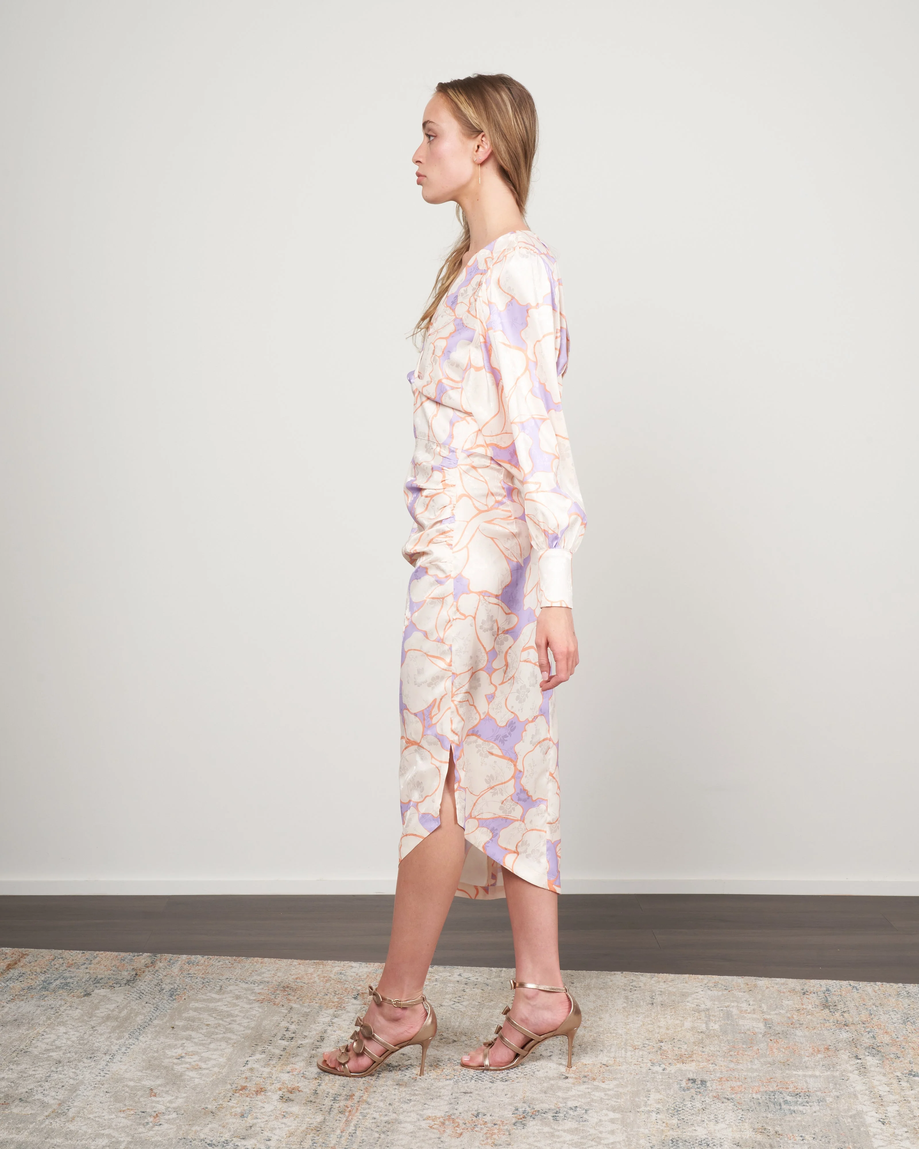 draped midi dress - abstract lilac floral - Image 2