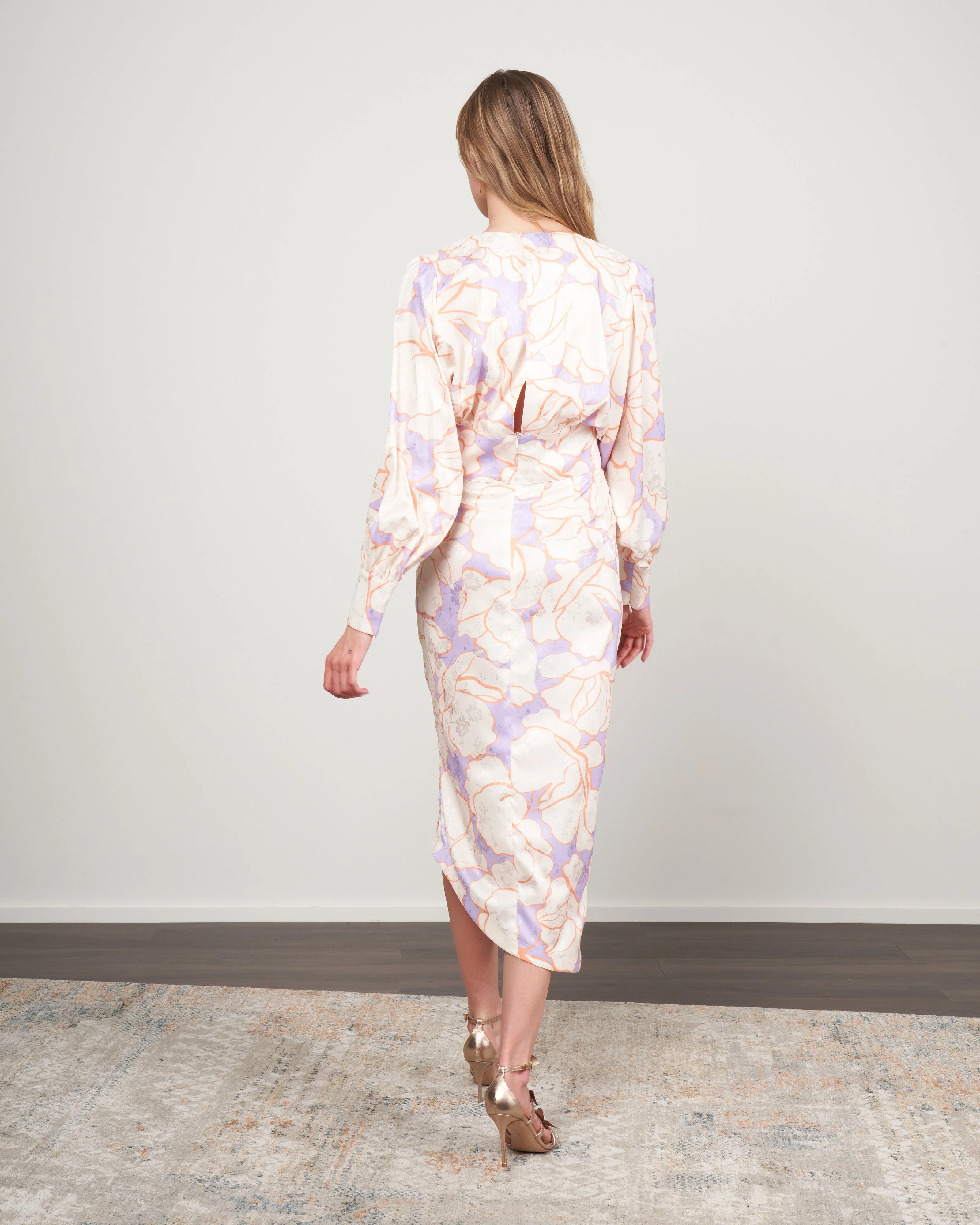 draped midi dress - abstract lilac floral - Image 3