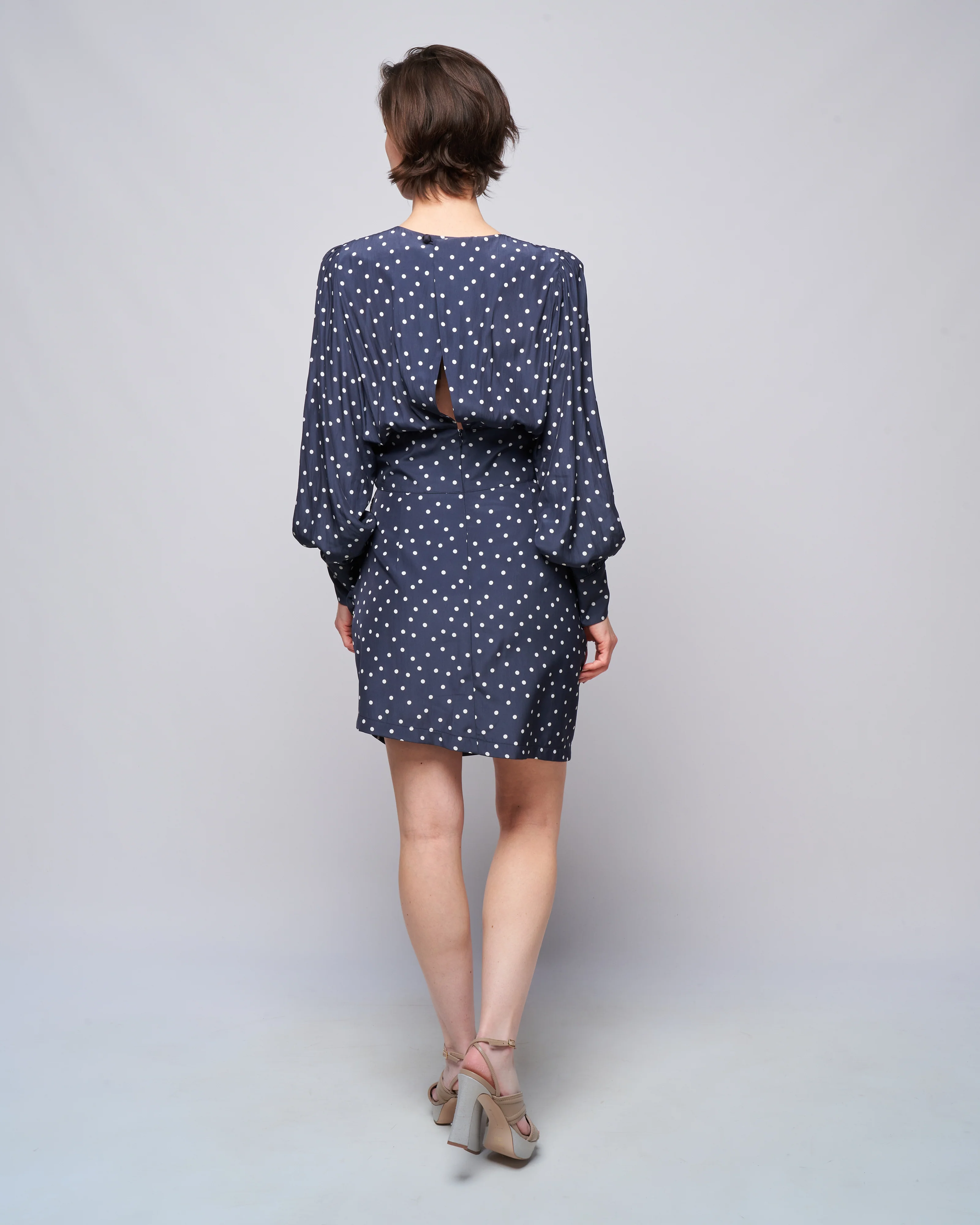 draped mini dress - navy/white dot - Image 4
