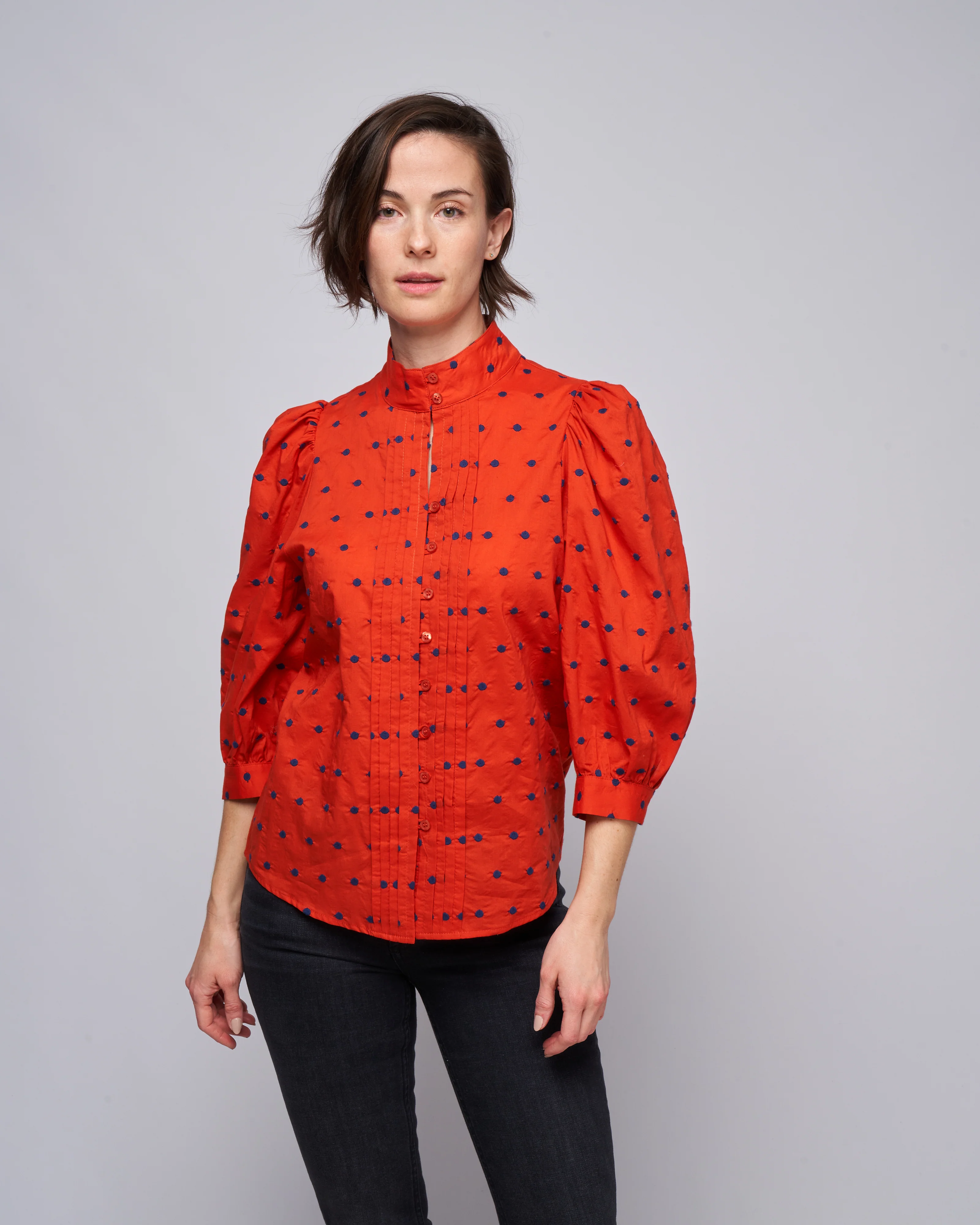 embroidered dot frontier blouse - vermillion with navy