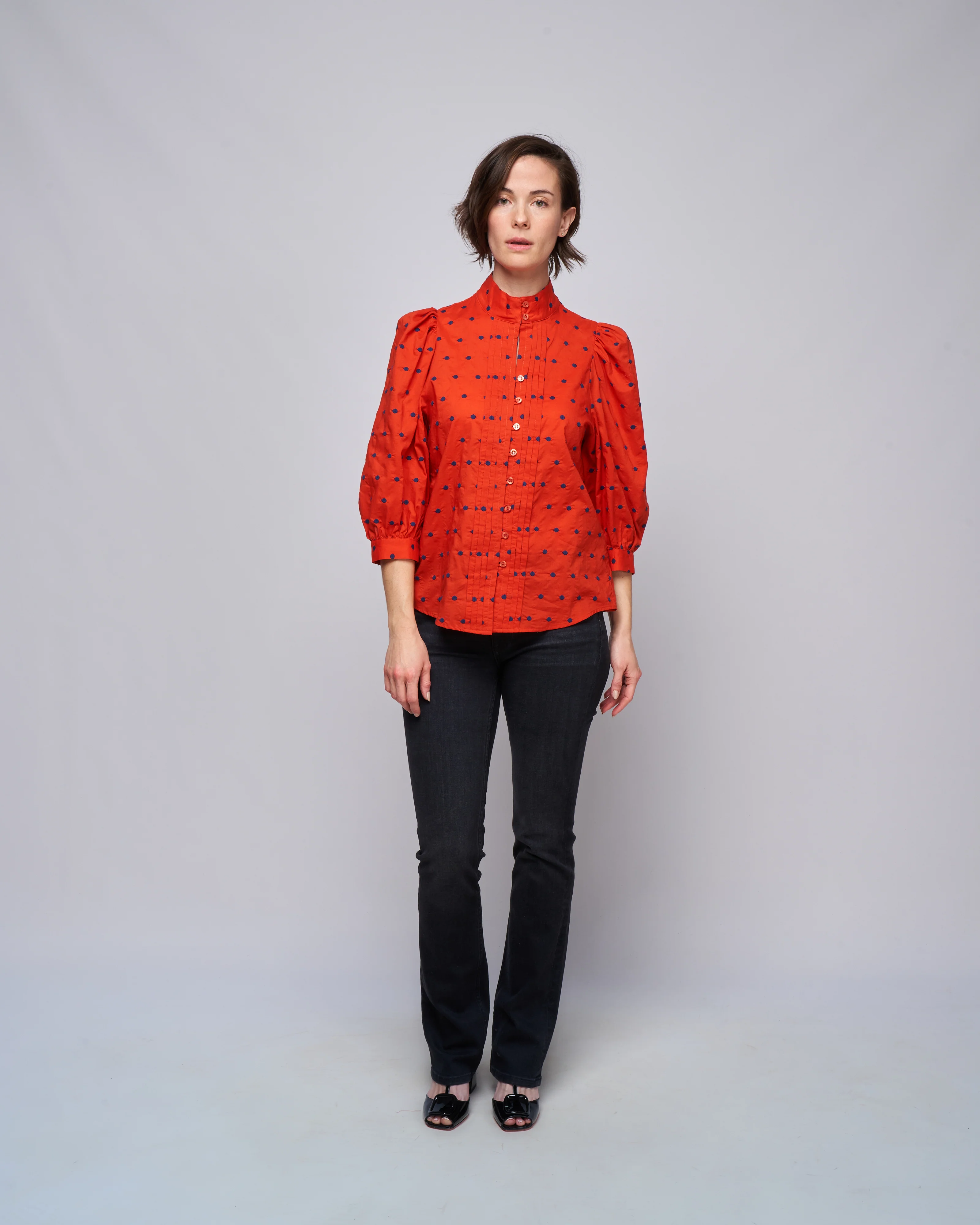 embroidered dot frontier blouse - vermillion with navy - Image 2