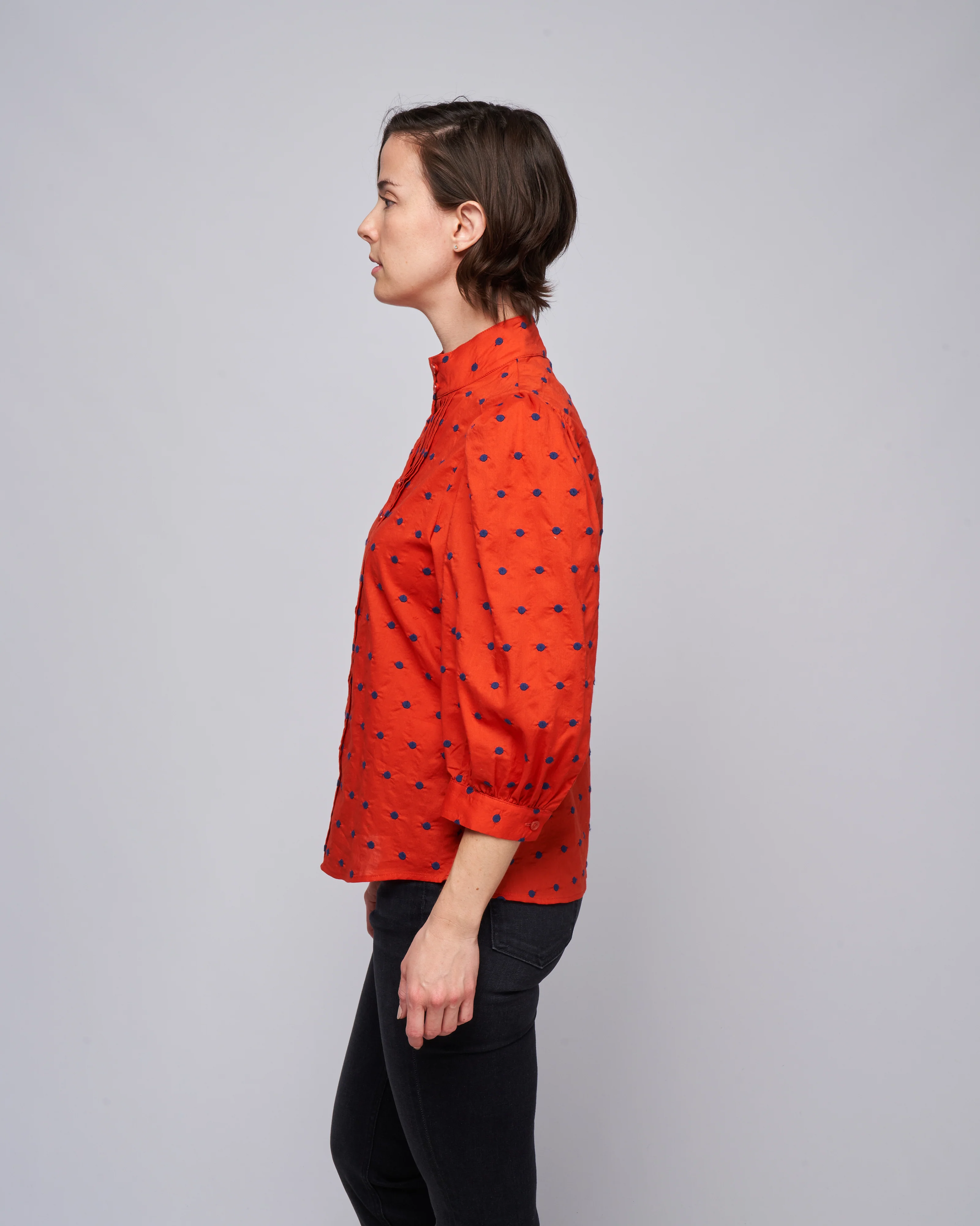 embroidered dot frontier blouse - vermillion with navy - Image 3
