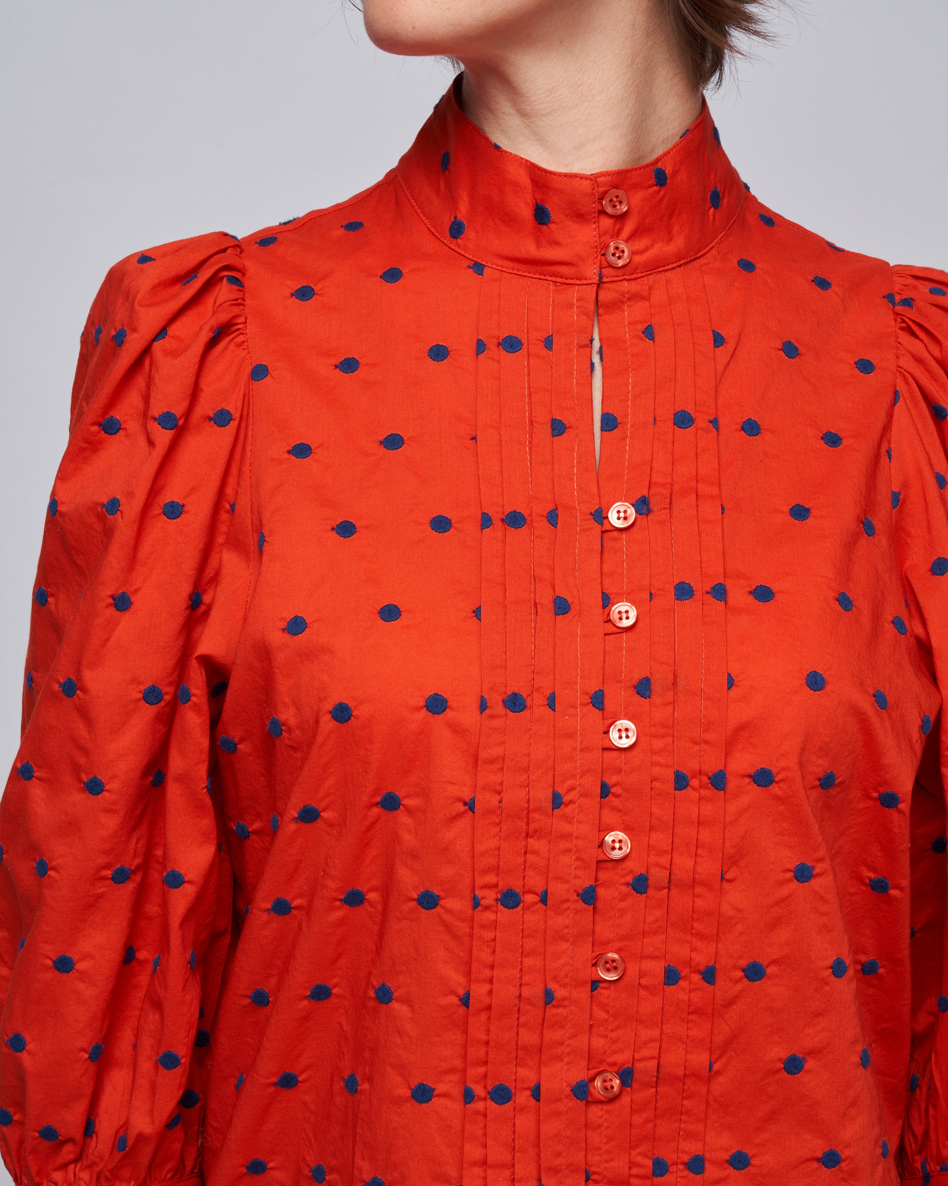 embroidered dot frontier blouse - vermillion with navy - Image 5