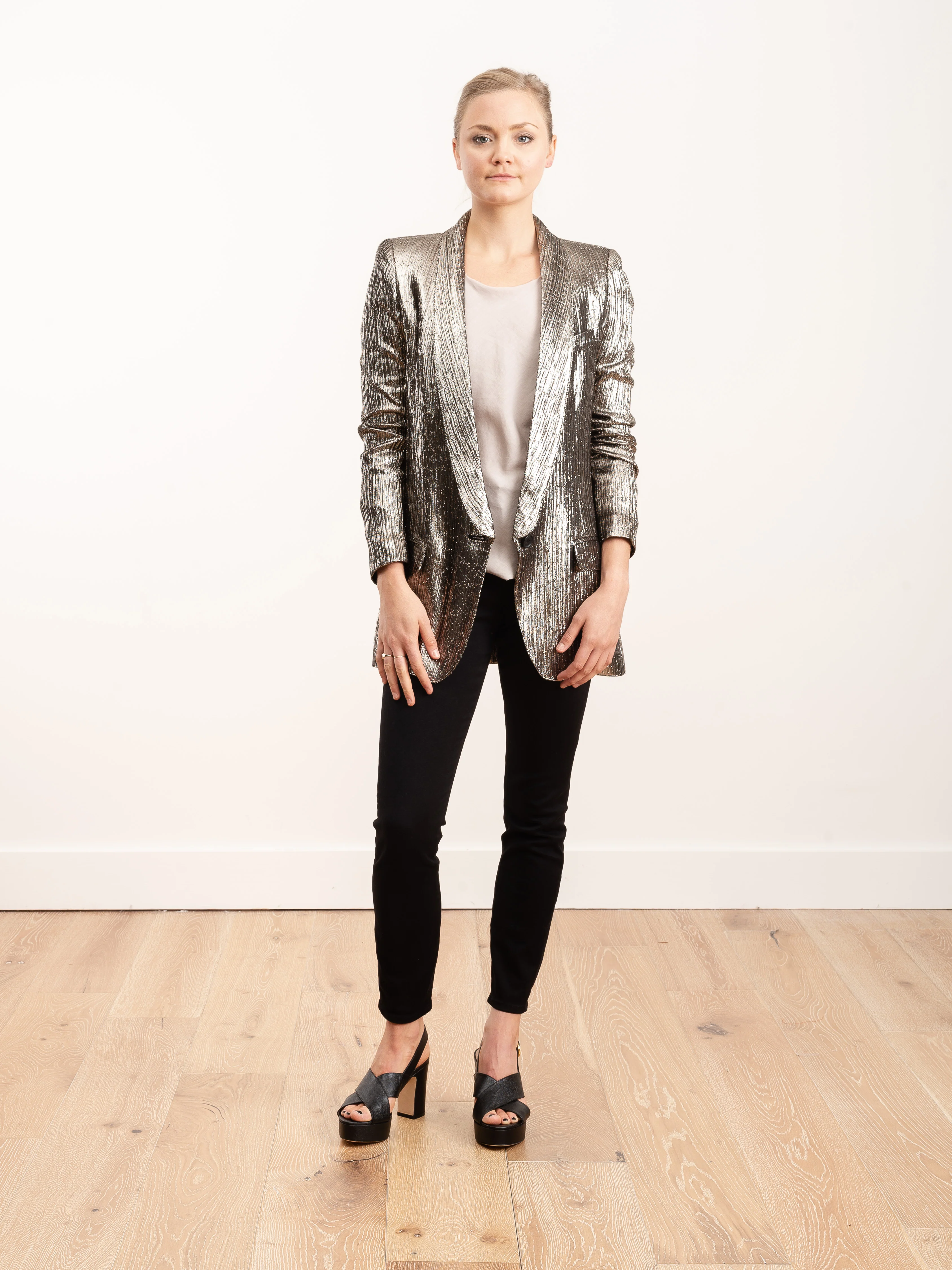 long shawl blazer - pewter lame