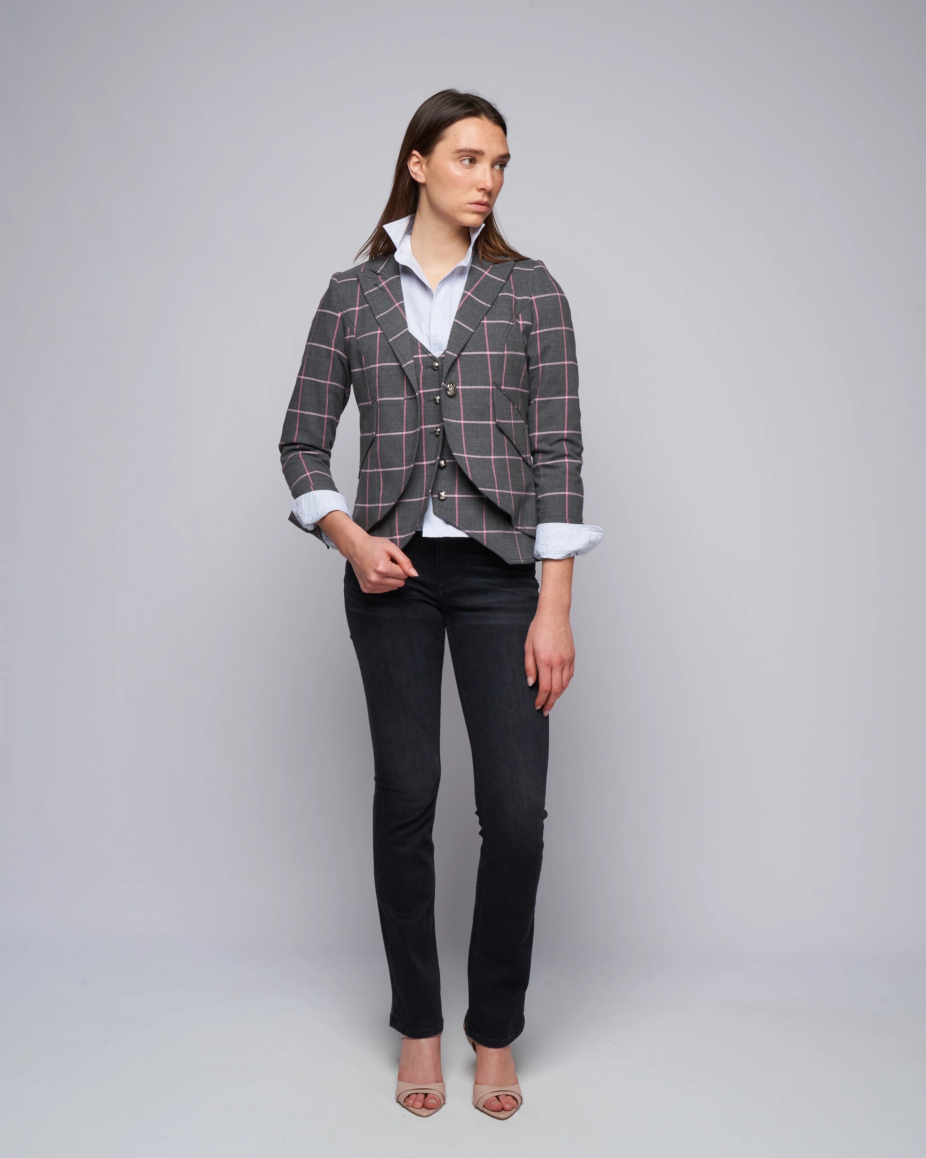 one button blazer - grey/pink windowpane - Image 2