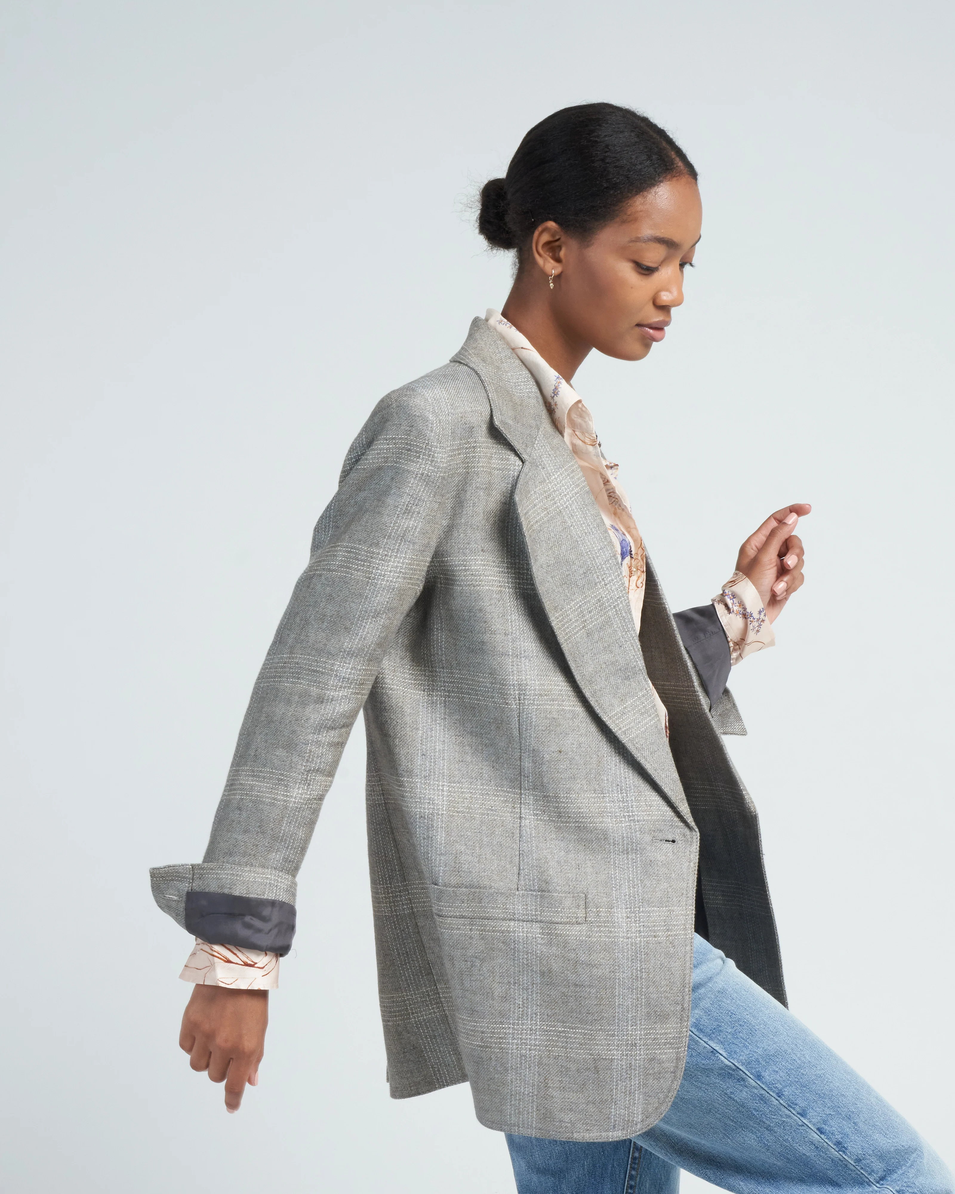 oversized notched lapel blazer - grey glen check - Image 3