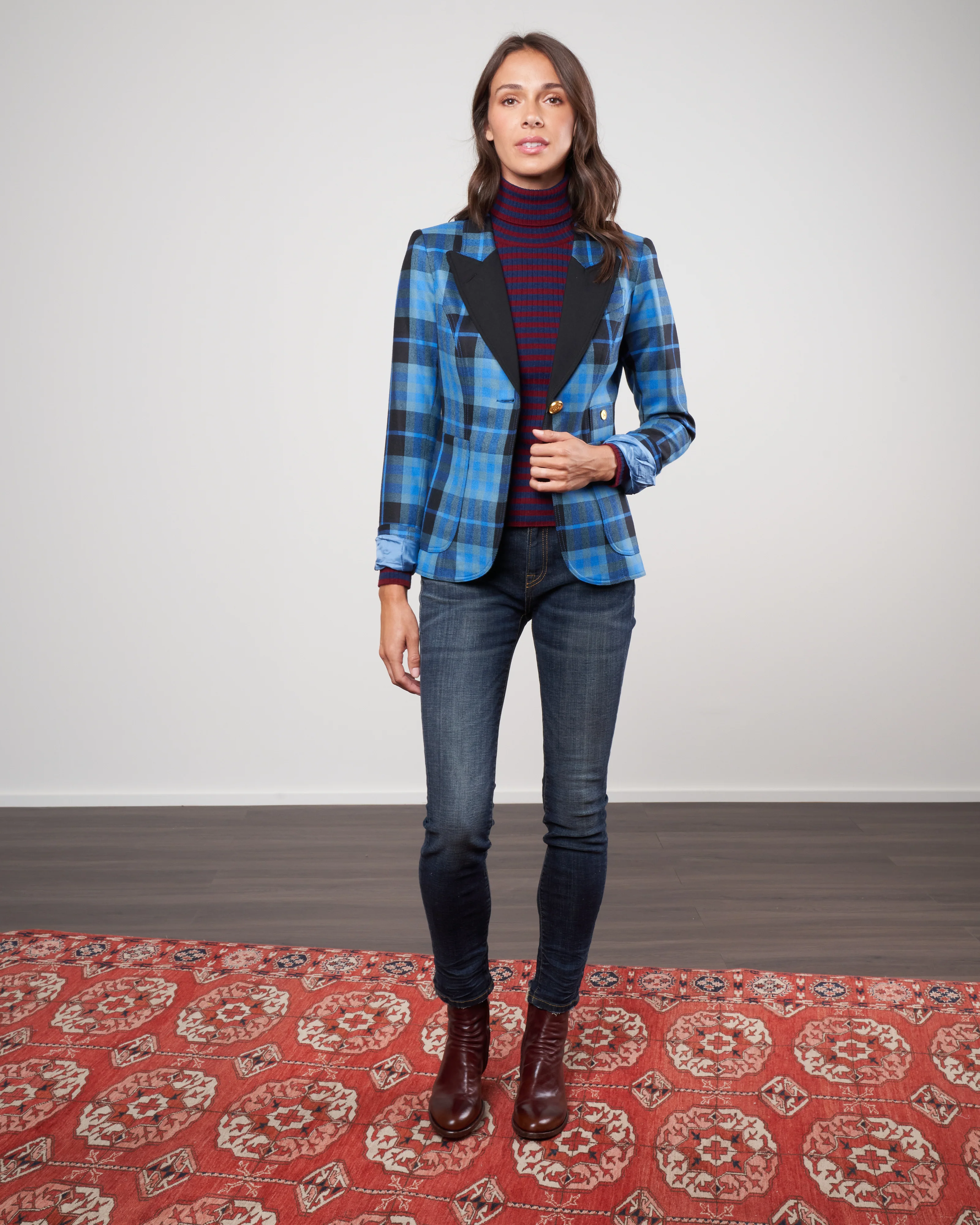 patch pocket duchess blazer w/ blocked lapel - blue tartan w/ black - Image 2