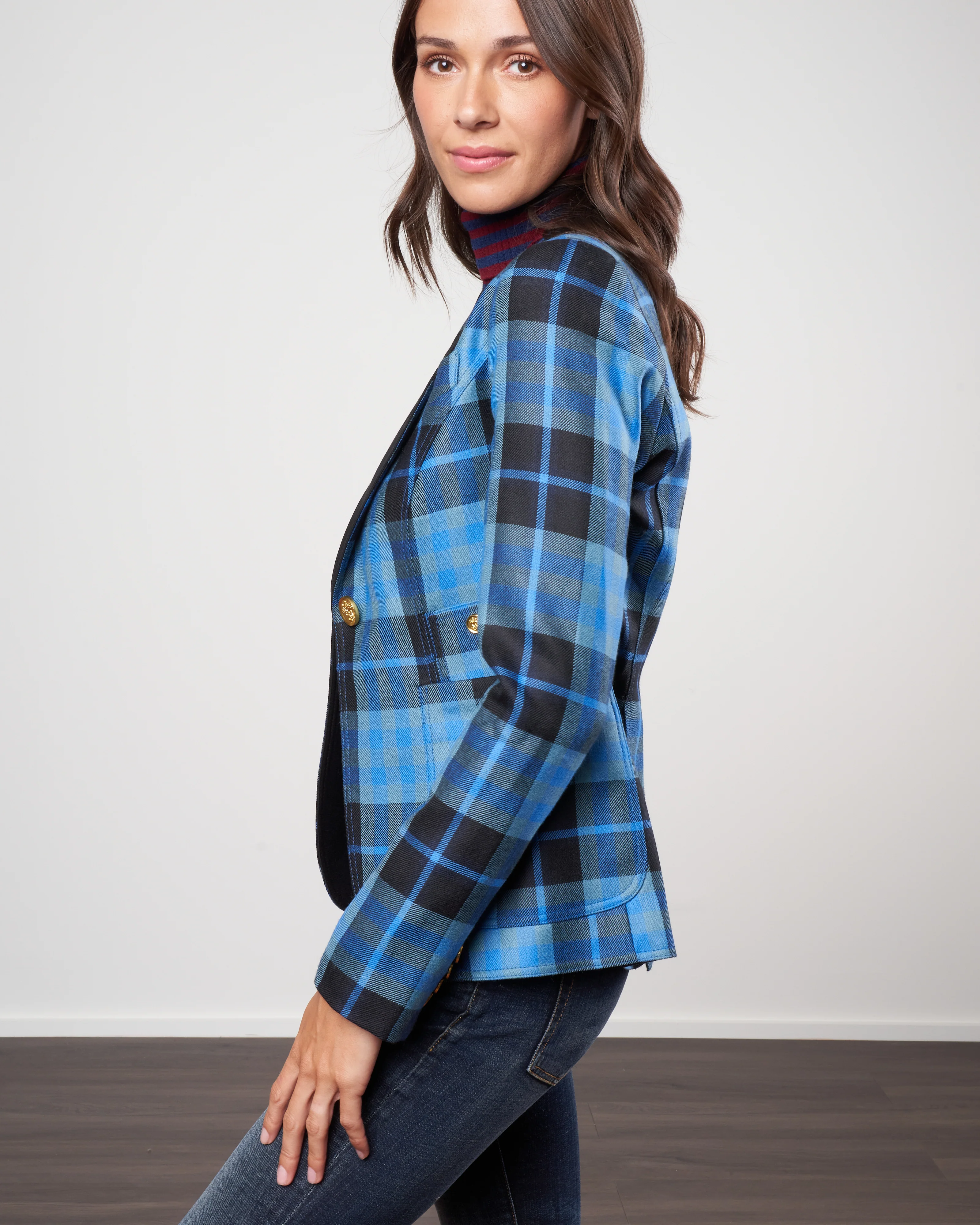 patch pocket duchess blazer w/ blocked lapel - blue tartan w/ black - Image 3